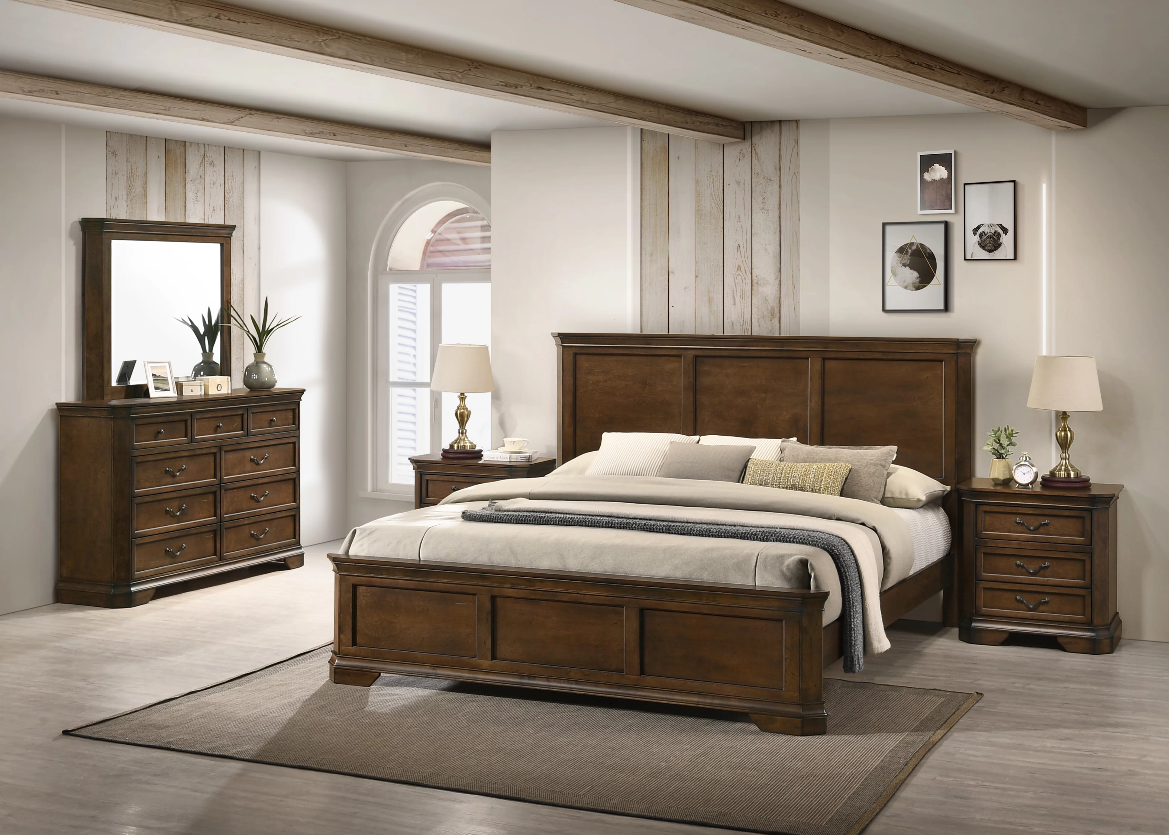 Roundhill Maderne Traditional Antique Walnut Finish 5-Piece Bedroom Set, Panel Queen Bed
