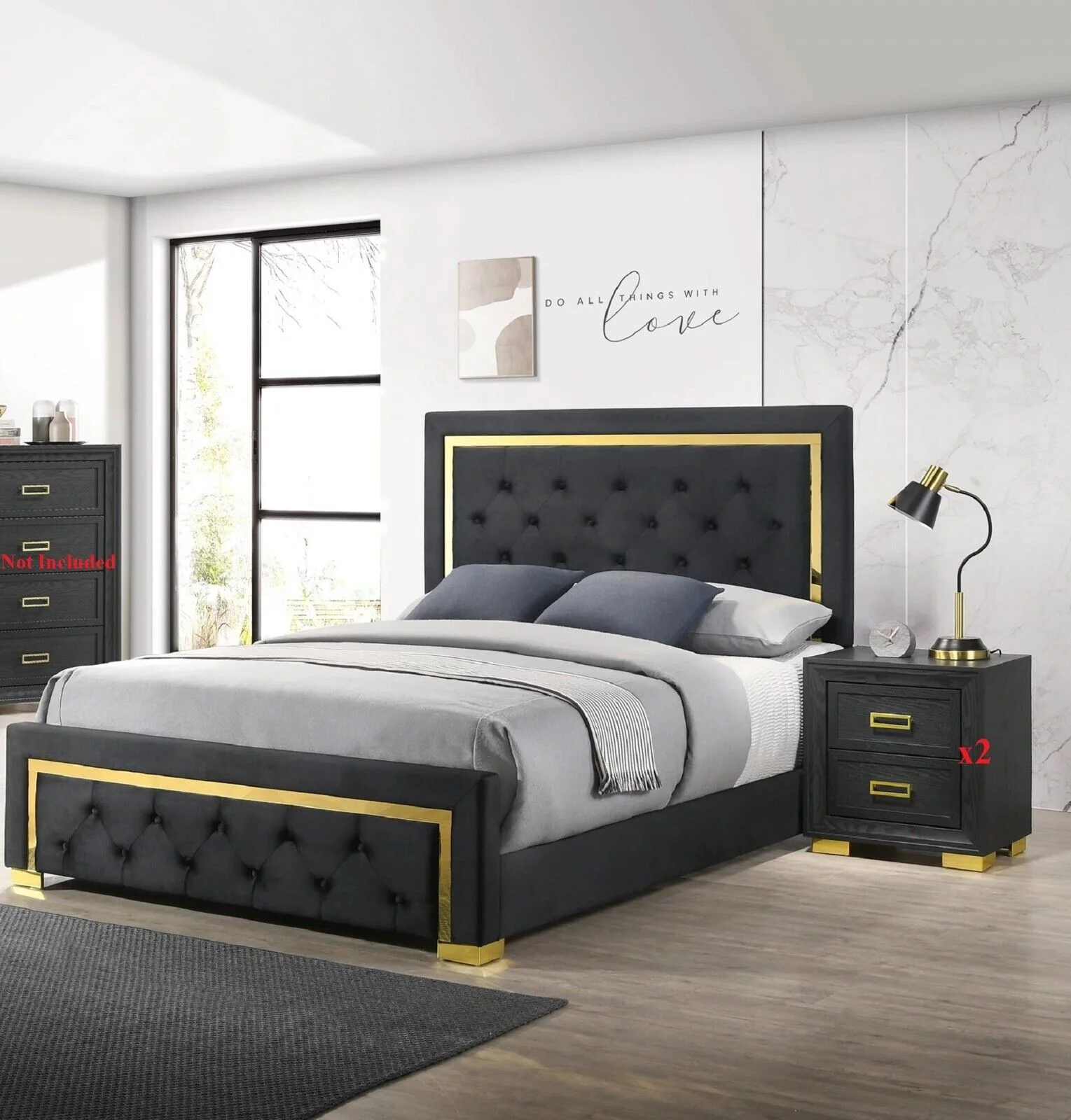 Modern Glam 3pc Bedroom Set King Size Panel Bed 2x Nightstand Furniture Gold Black Finish