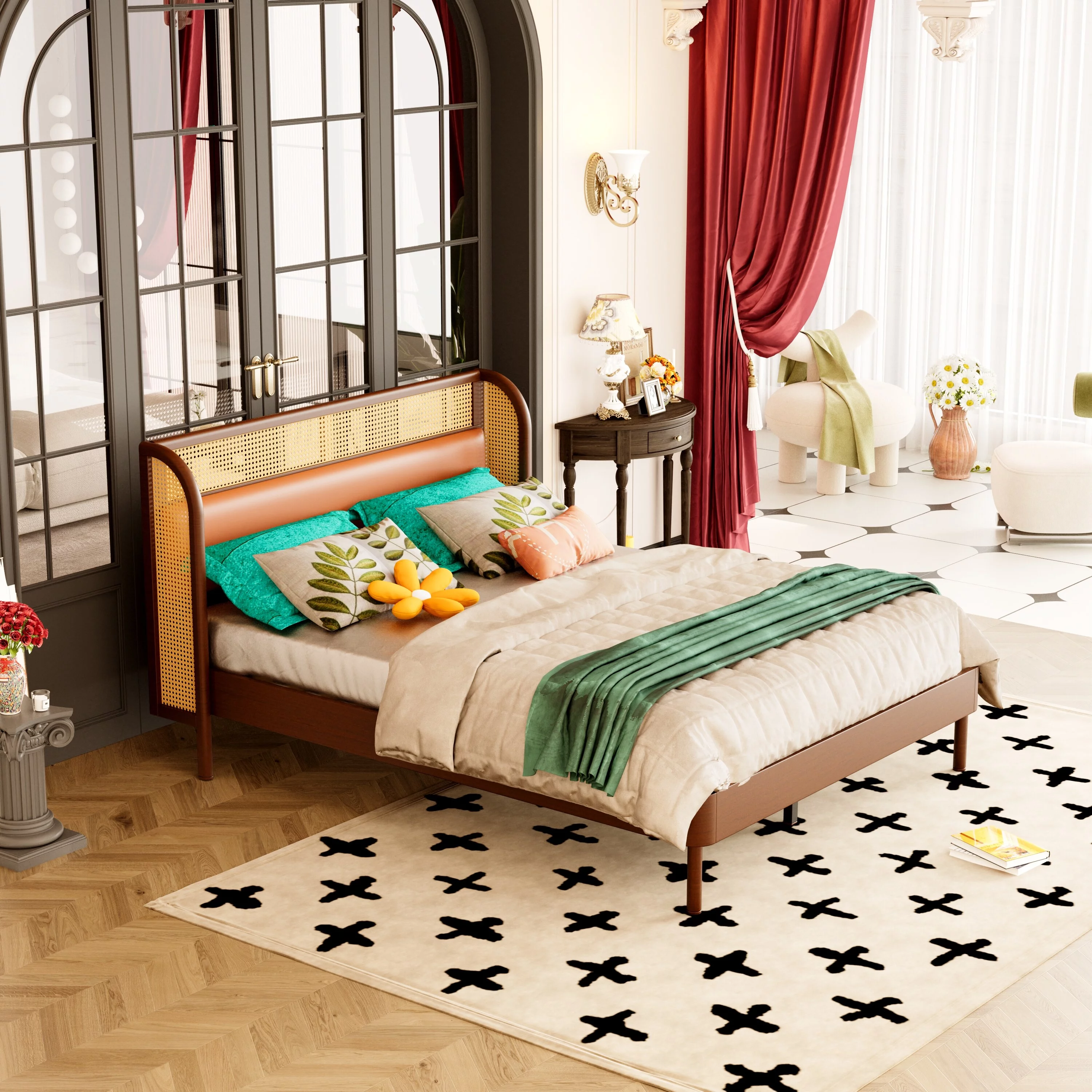 Modern Cannage Rattan Wood Platform Queen Bed Black