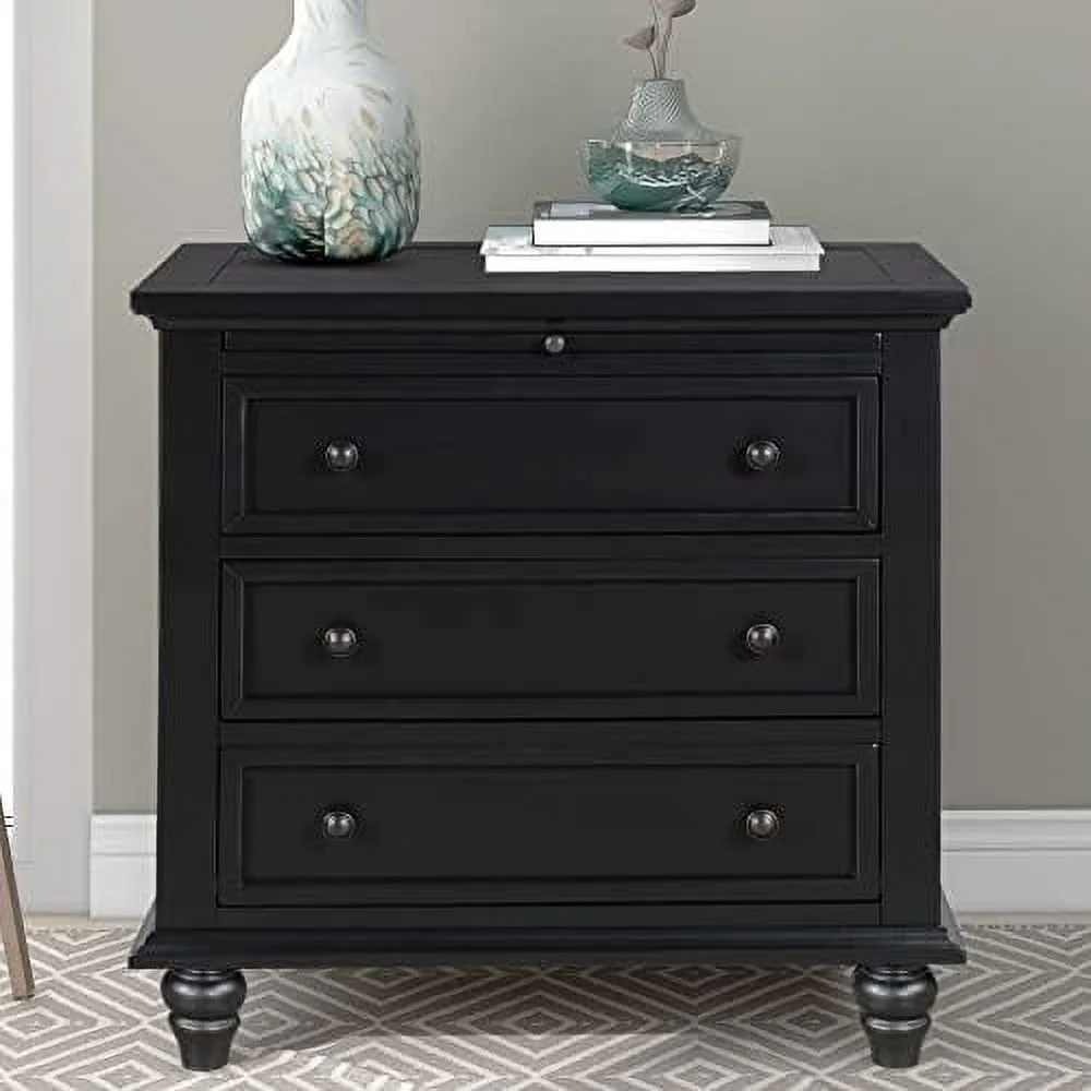 HBBOOMLIFE Black Wood Nightstand with 3 Drawers 28" Tall Bedside End Table w/Pull Out Tray Bedroom 3-Drawer Dresser Chest with Solid Wood Frame (Black)
