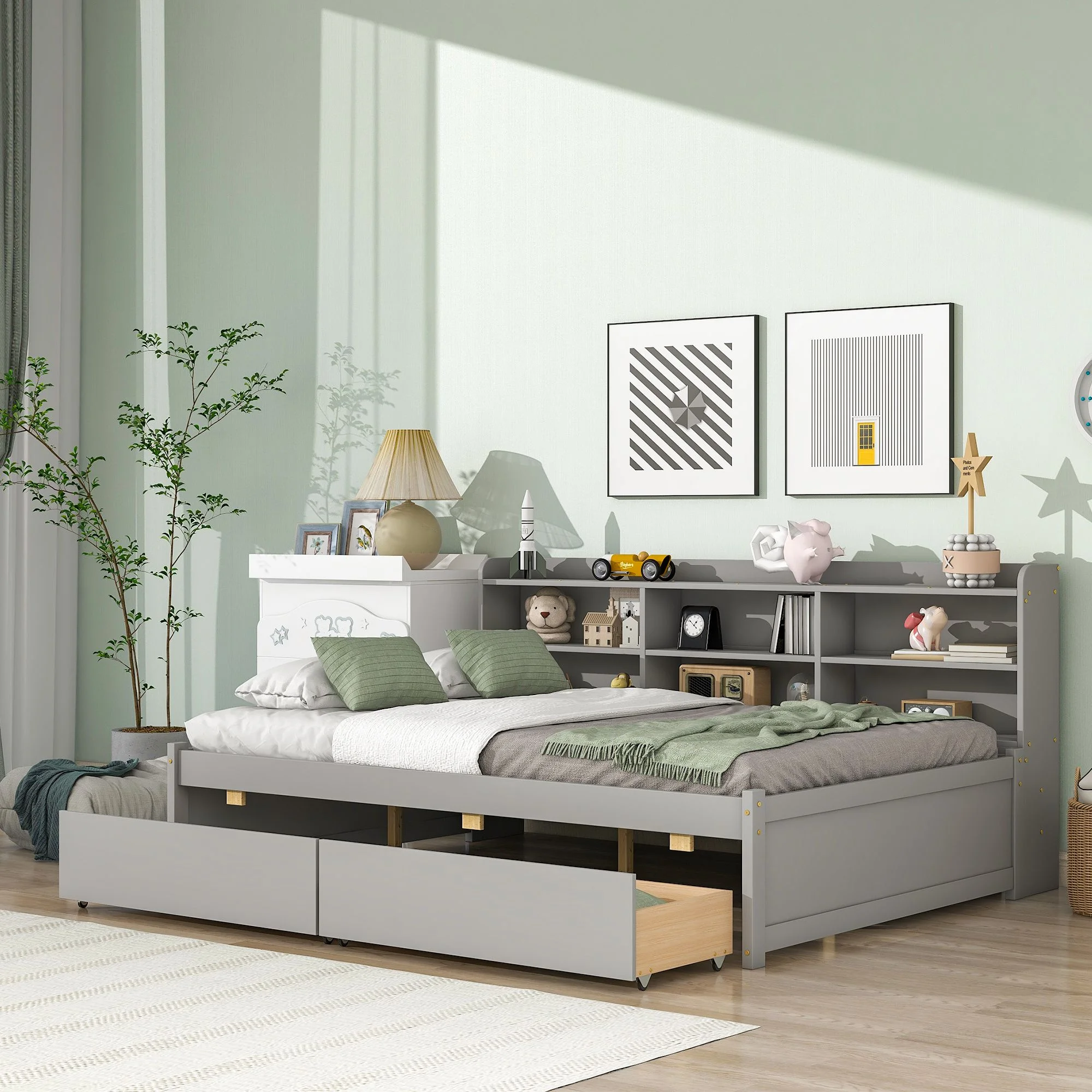 Elegant Design Daybed with Side Bookcase, Drawers, Pine Wood Day Bed with Maximized Space for Living Room/Bedroom, Slats Support Wooden Sofa Bed for Teens Adults