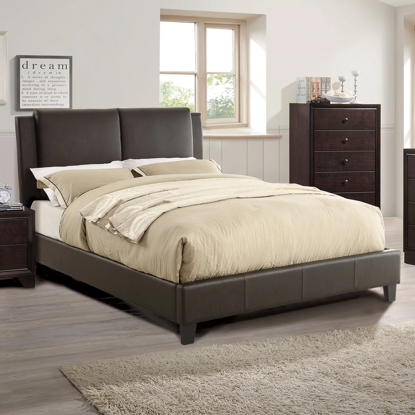 Brown Faux Leather California King Size Bed Upholstered Headboard Trasitional Style Bedroom Platform 1pc Bed Furniture slats