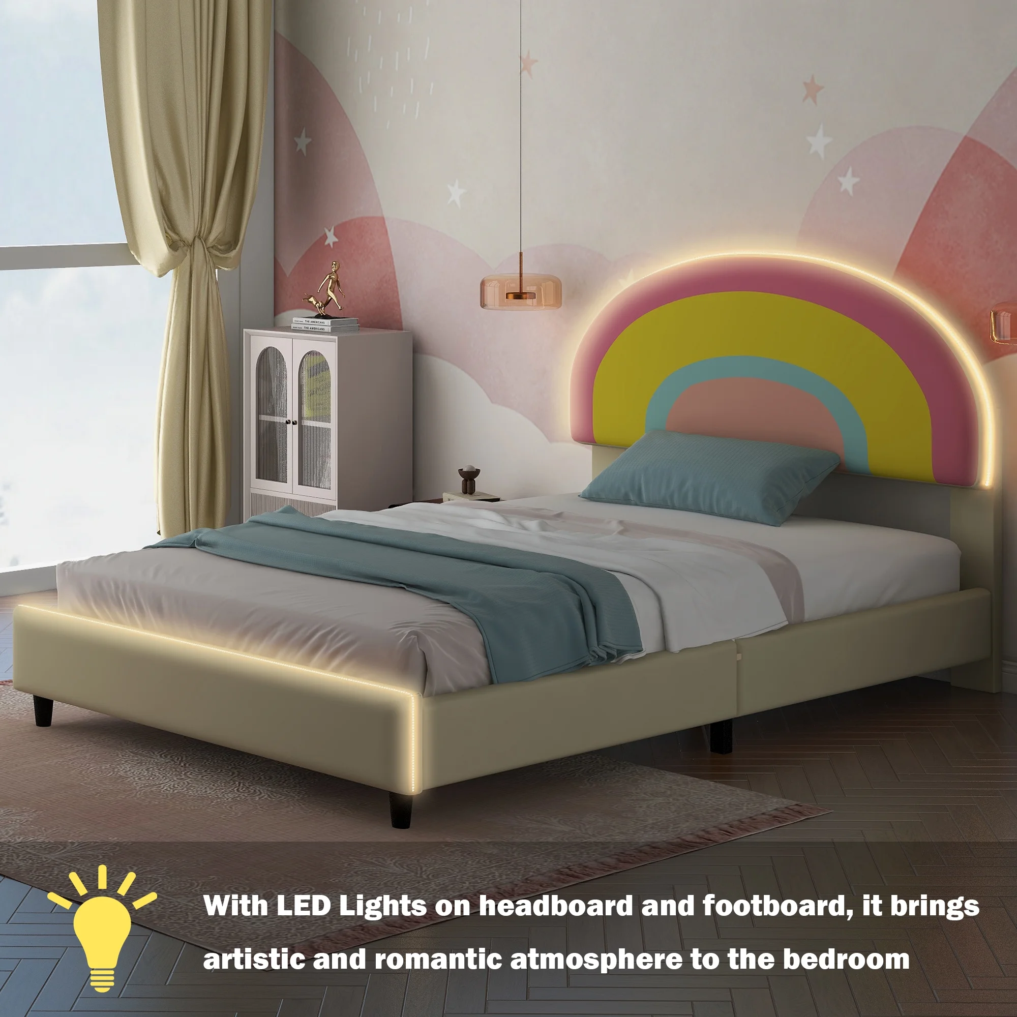 Bellemave Twin Size Upholstered Platform Bed with Rainbow Shape Headboard and Lights Wooden Low Platform Bed Twin LED Princess Bed Frame with Height-Adjustable Headboard for Girls, Beige
