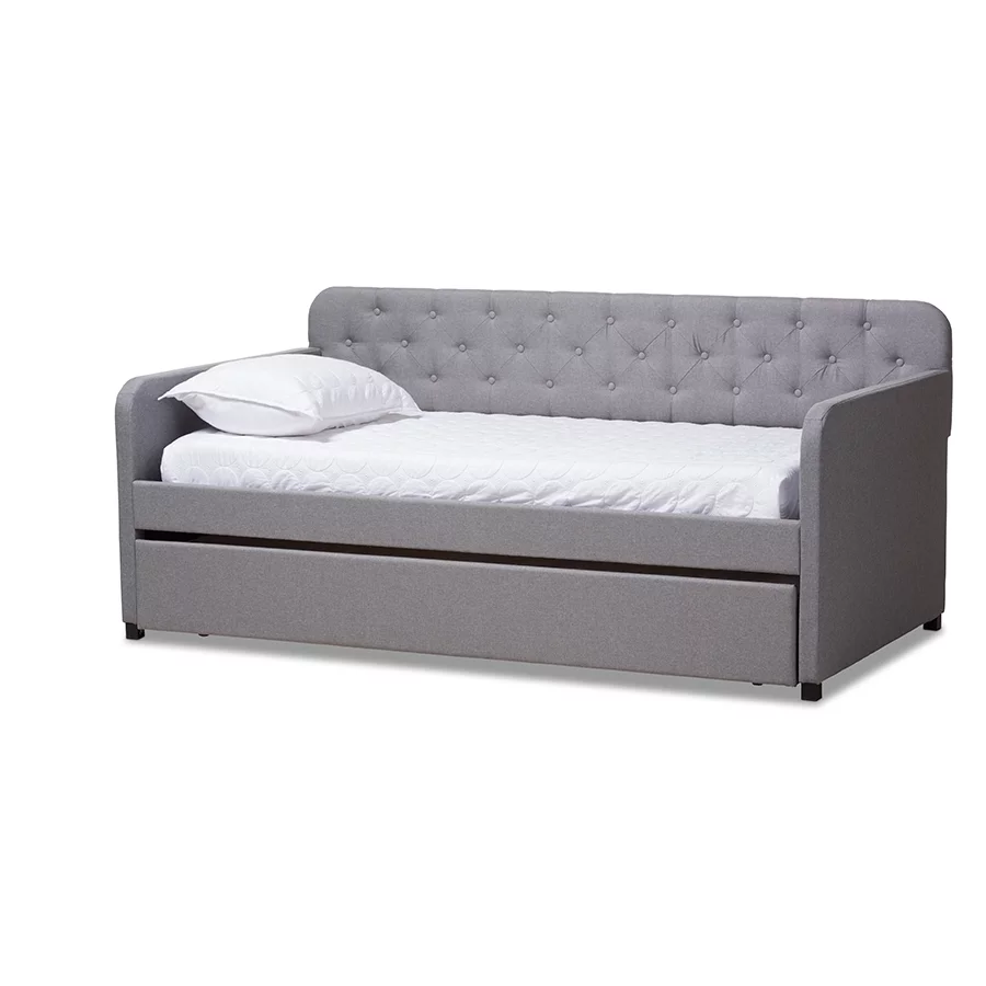 Baxton Studio Camelia Modern and Contemporary Gray Fabric Upholstered Button-Tufted Twin Size Sofa Daybed with Roll-Out Trundle