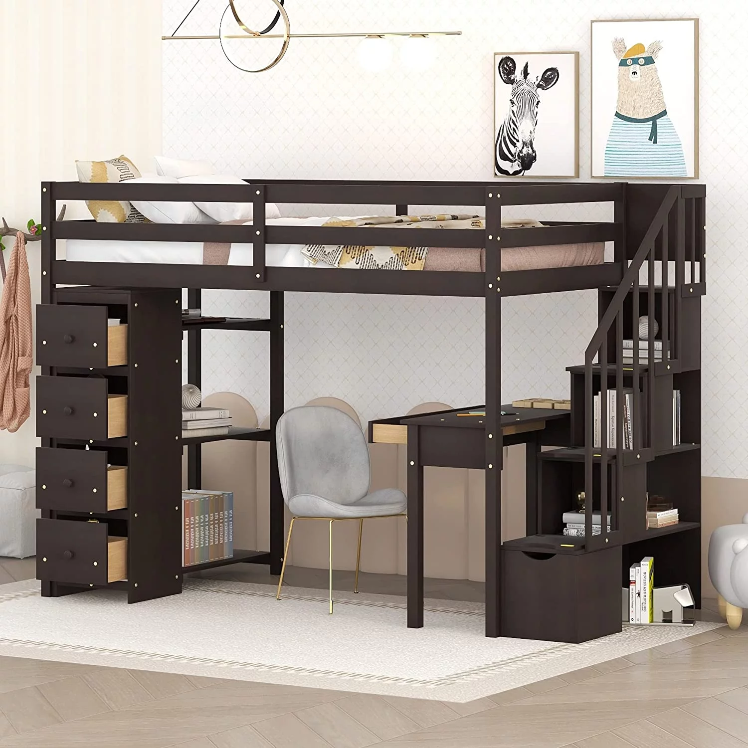 Size Loft Bed With Desk, Loft Bed Frame With Storage Drawers And Stairs, Wooden Loft Bed With Shelves, Espresso