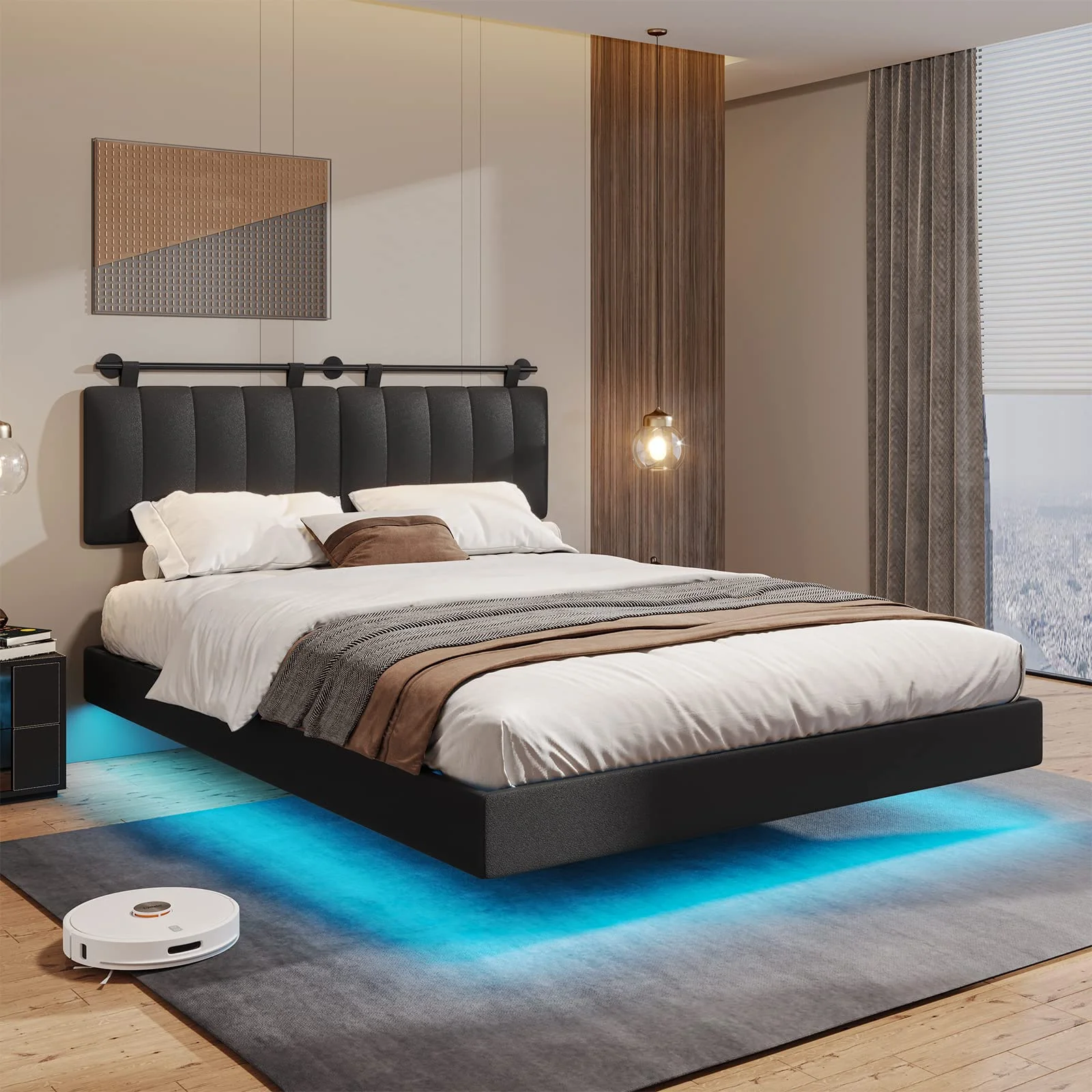 Black Floating Bed Frame Queen Size Faux Leather Upholstered Platform Bed with RGB LED Lights&Wall Mounted Headboard for Bedroom,Noise Free
