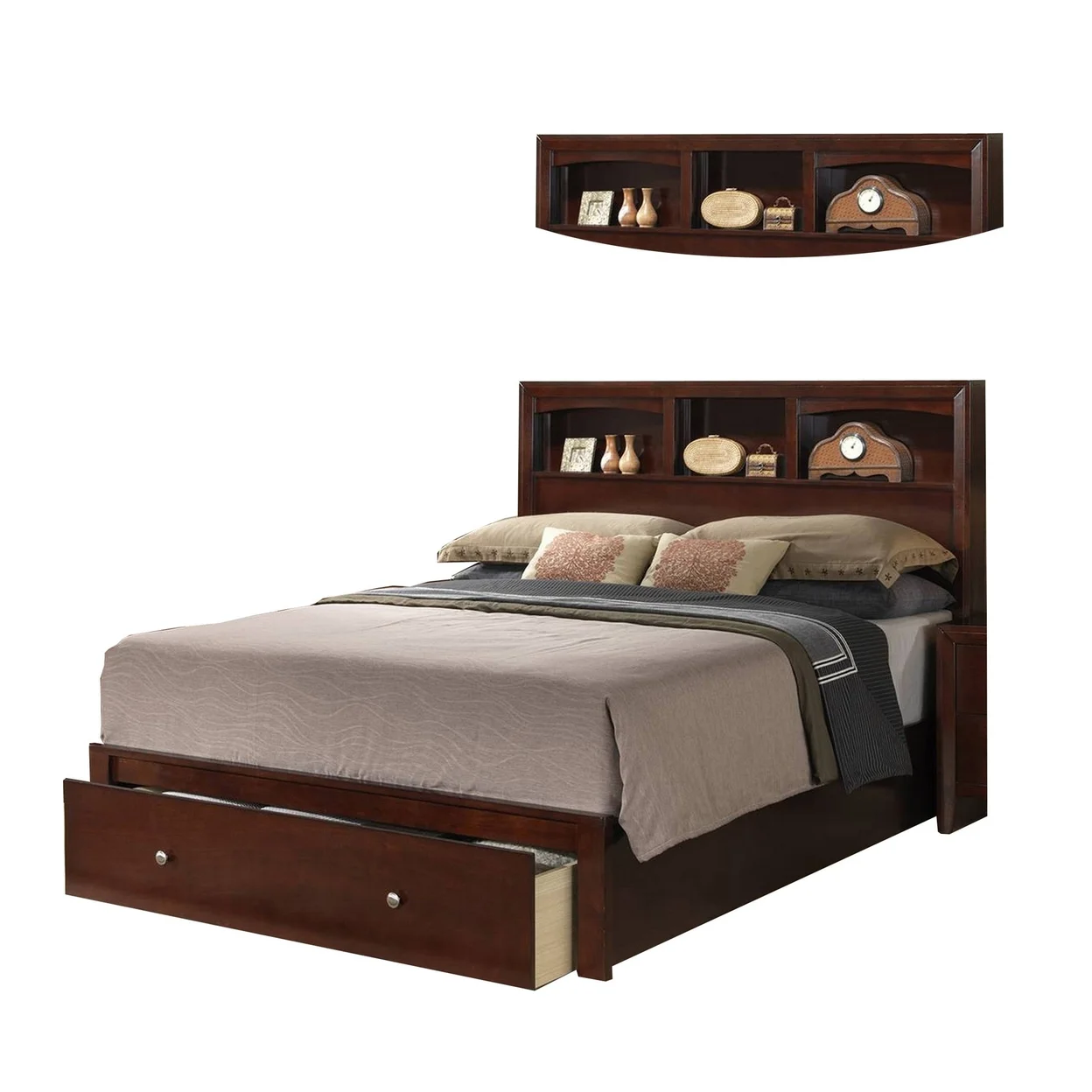 Queen Bed with Storage Footboard Bookcase Headboard Modern Cherry Brown- Saltoro Sherpi