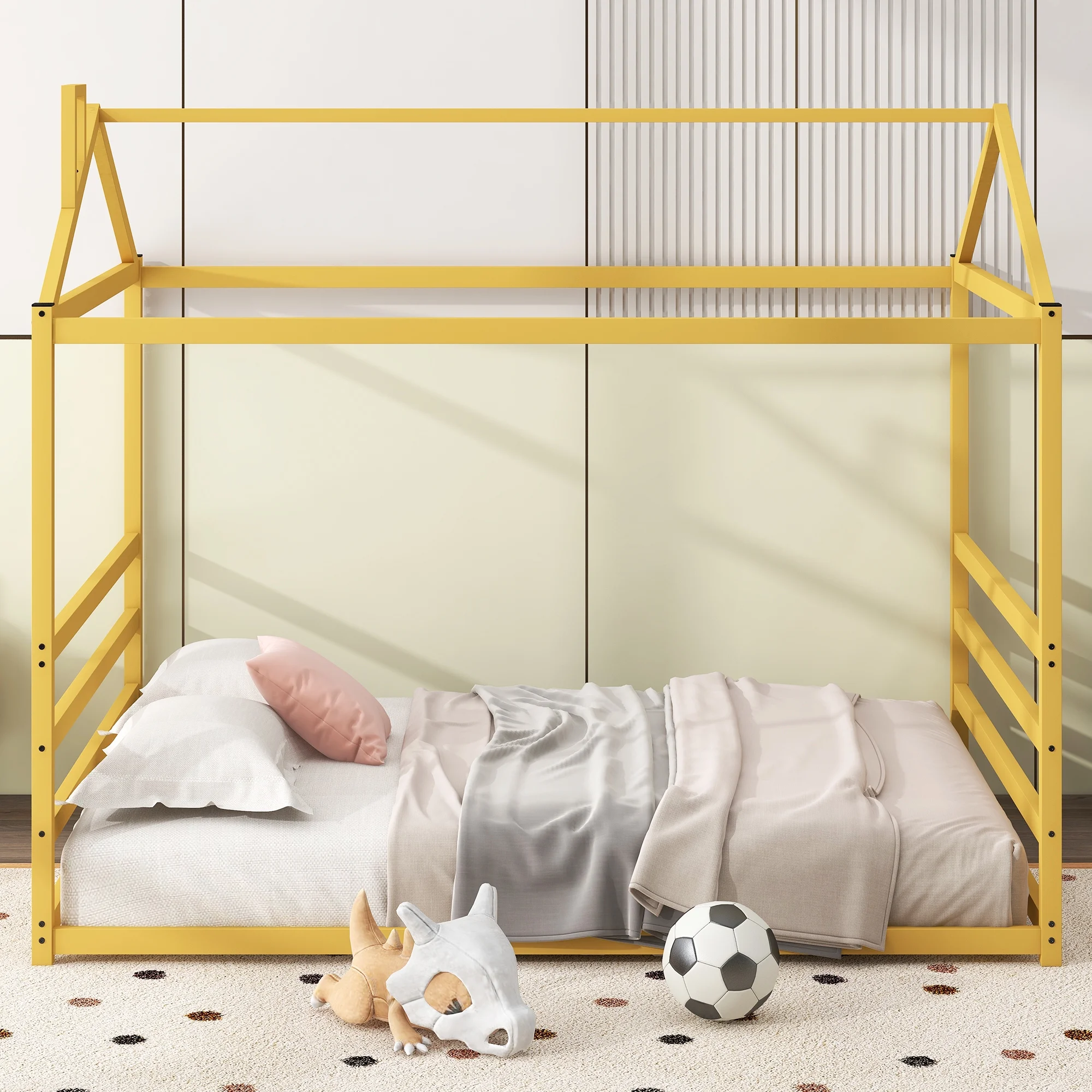 Euroco Metal Queen Size House Platform Bed with Roof and Chimney Design, Low Profile Daybed for Kids Teens Adults, Queen Size Canopy Bed, Gold