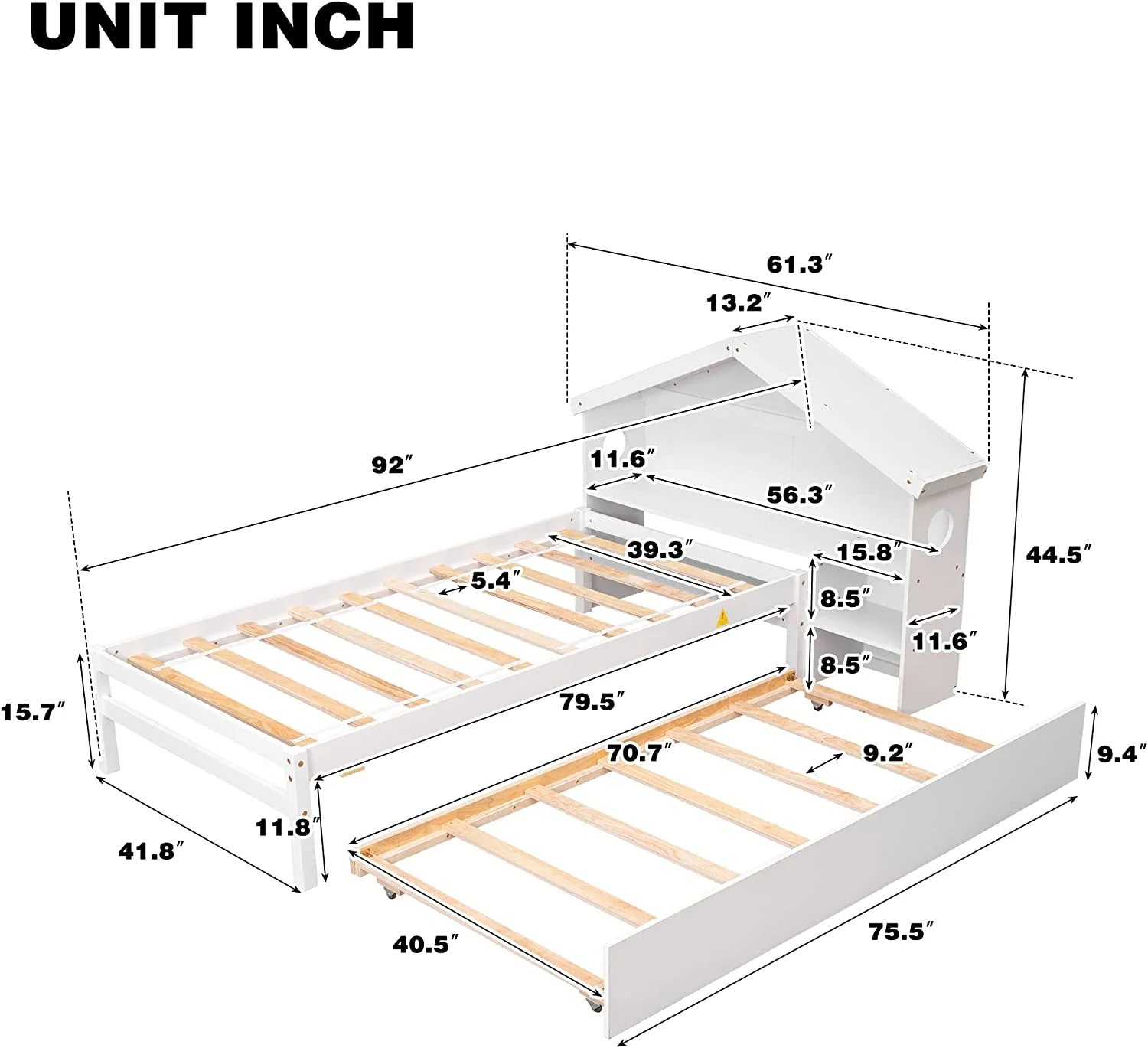 House Bed With Trundle, Solid Wood Platform Bed With Storage Headboard, No Box Spring Needed, For Kids Teens Adults ( Size, White)