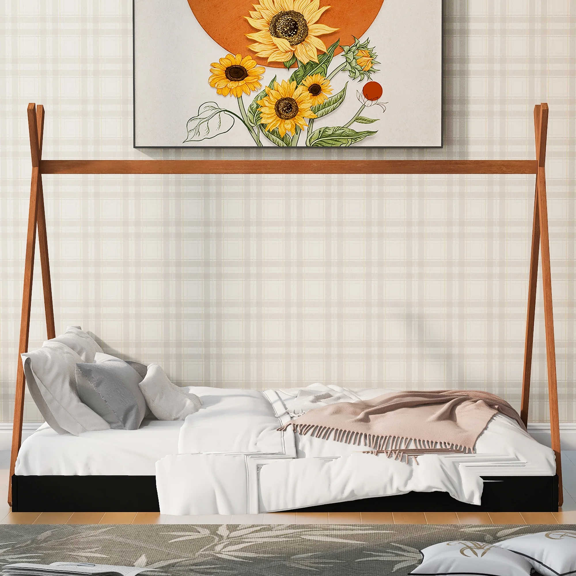 Euroco Full Size Tent Floor Bed, x-Shaped House Platform Bed for Kids, Wood Triangle Canopy Bed Frame, Natural