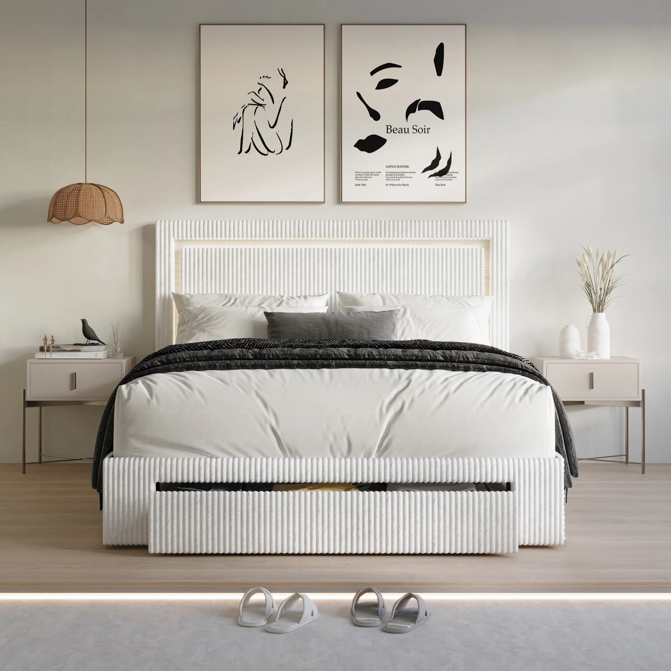 CraftPorch Velvet Tufted LED Light Platform Storage Bed Black Queen