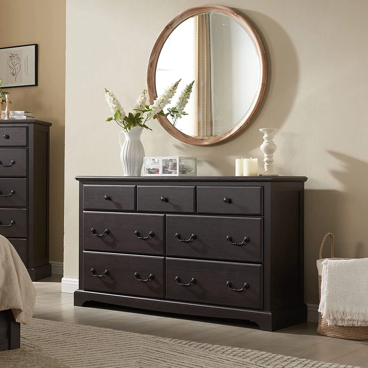 OKD 7 Drawers Dresser Storage Organizer Chests for Bedroom, Wood Rustic Tall Storage Closet , Espresso