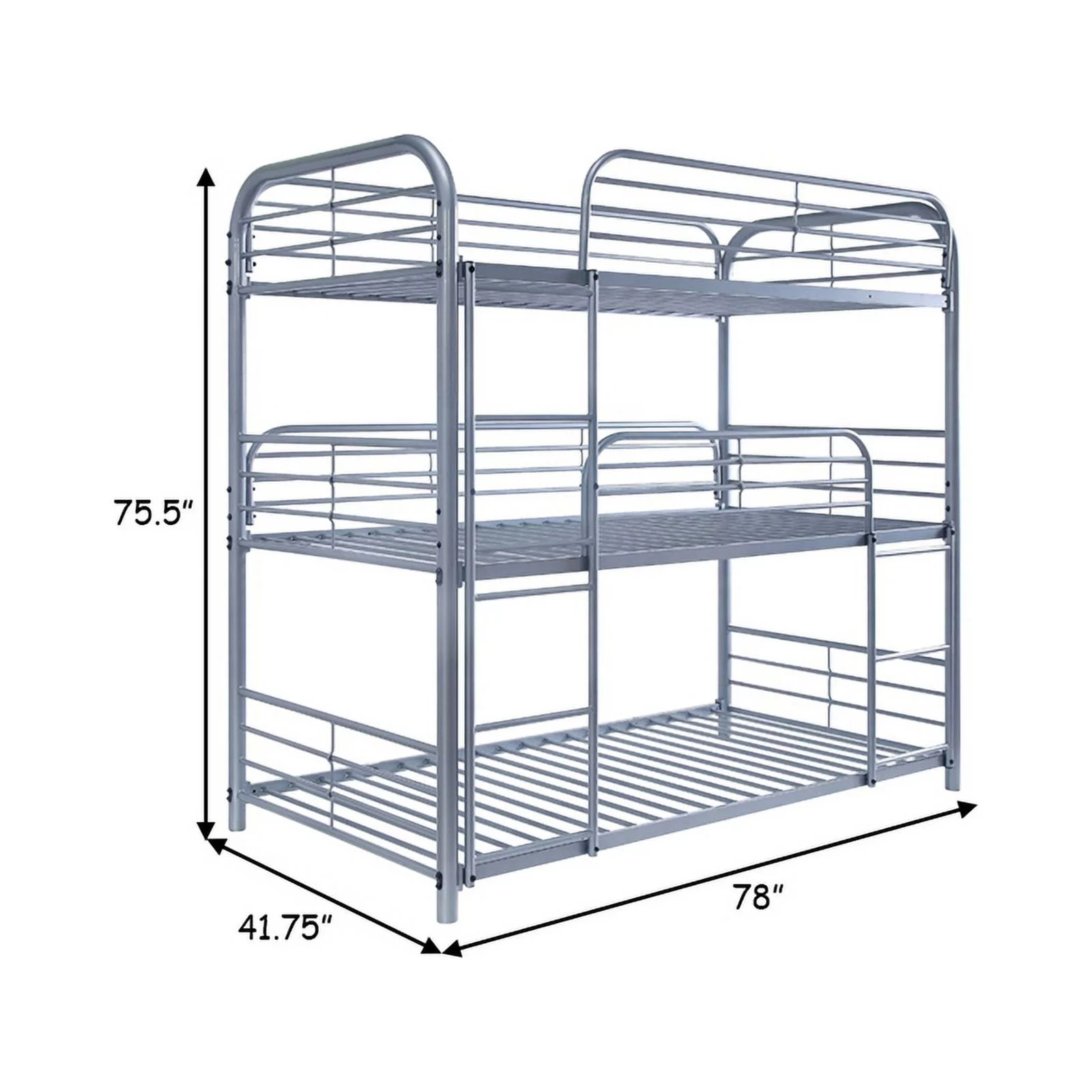 Benzara Metal Frame Three Tier Twin Size Bunk Bed with 2 Attached Ladders and Side Rails, White-Color:Silver