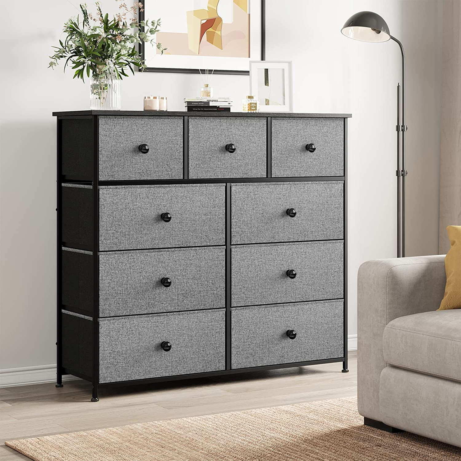 9 Drawer Steel Frame Bedroom Organizer Chest Dresser with Waterproof Top Adjustable Feet and Wall Safety Attachment Light Grey