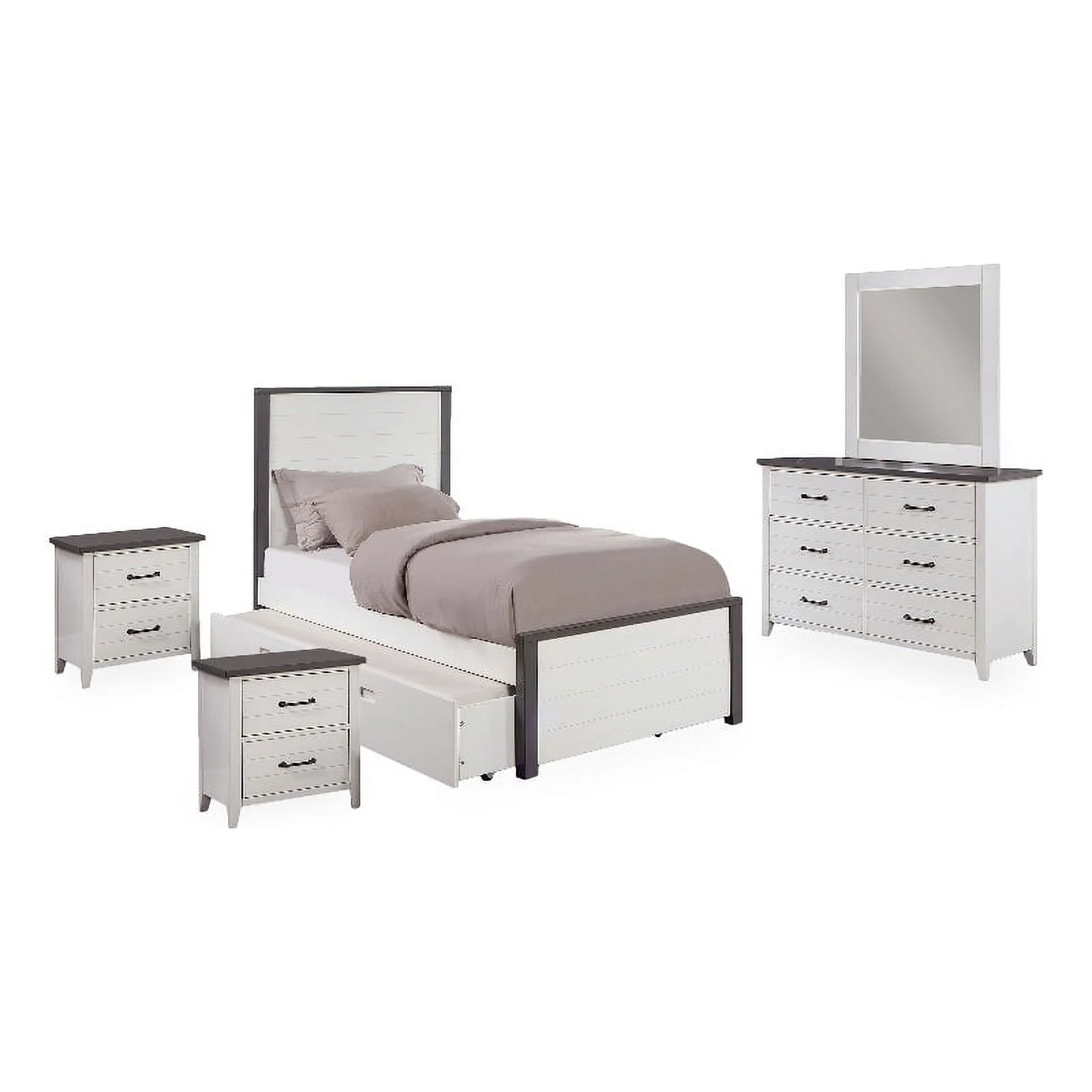 FOA Acres 5pc Wood White Bedroom Set - Full+Trundle+2 Nightstands+Dresser+Mirror