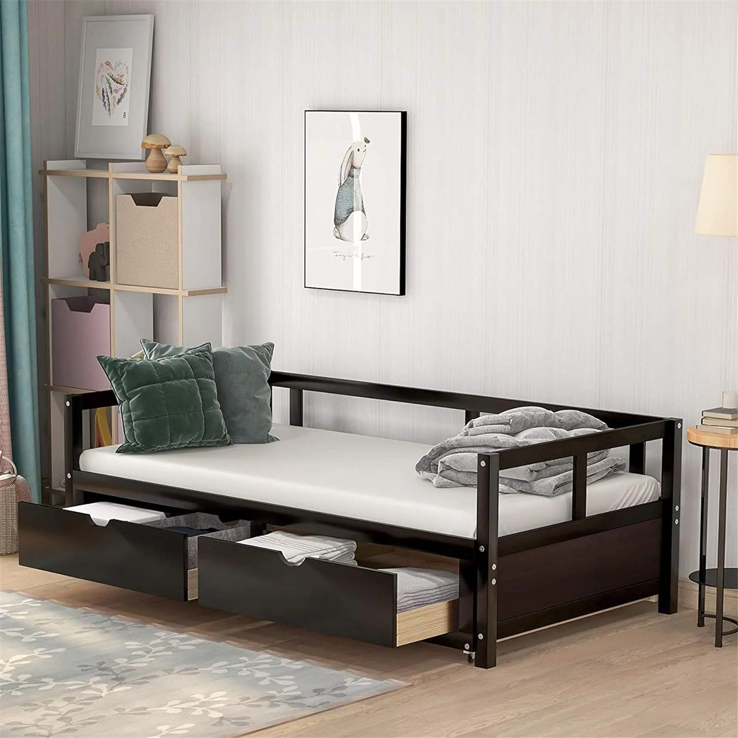 Wood Daybed With Two Storage Drawers, To King Daybed Extendable Design,Wooden Sofa Bed For Bedroom Living Room,Espresso