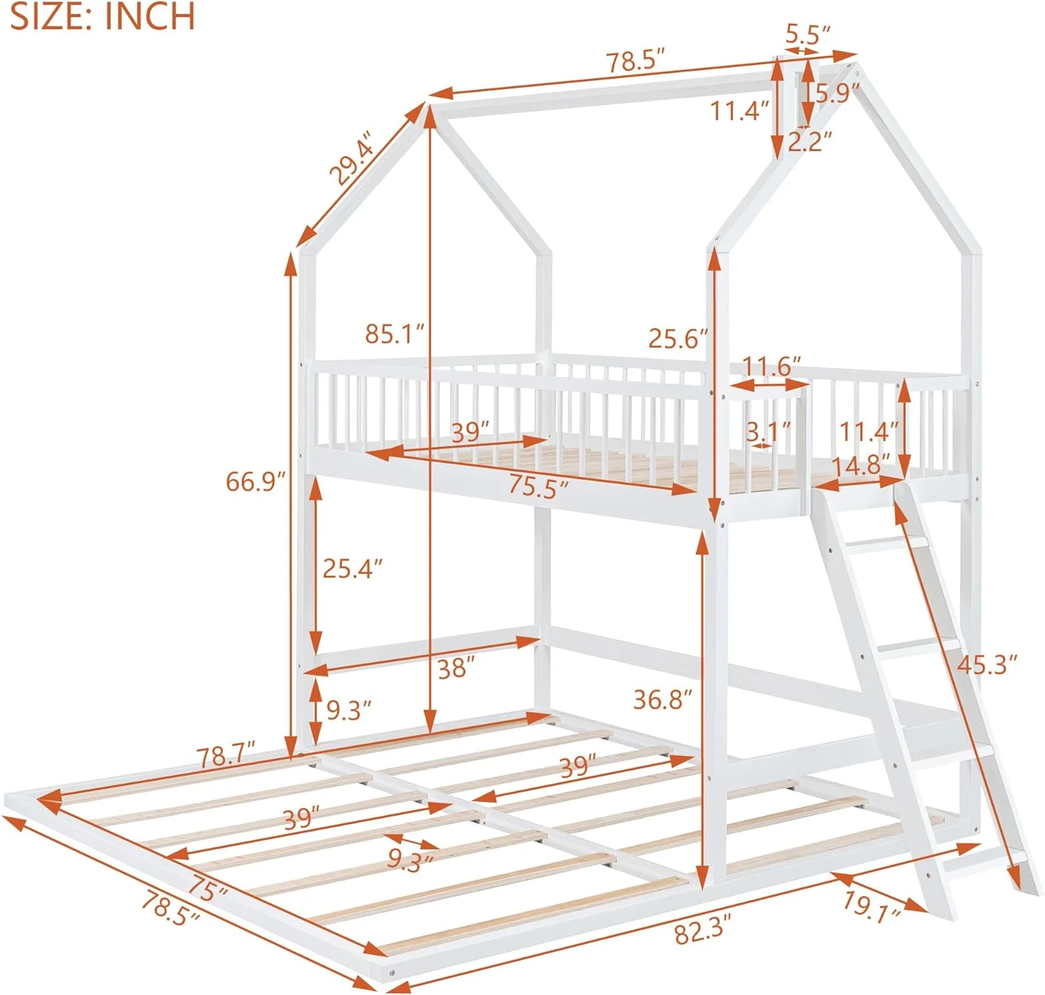 Over Bunk Bed For Kids, House Bunk Beds With Extending Trundle And Ladder, Wood Bunk Beds For Girls Boys, White