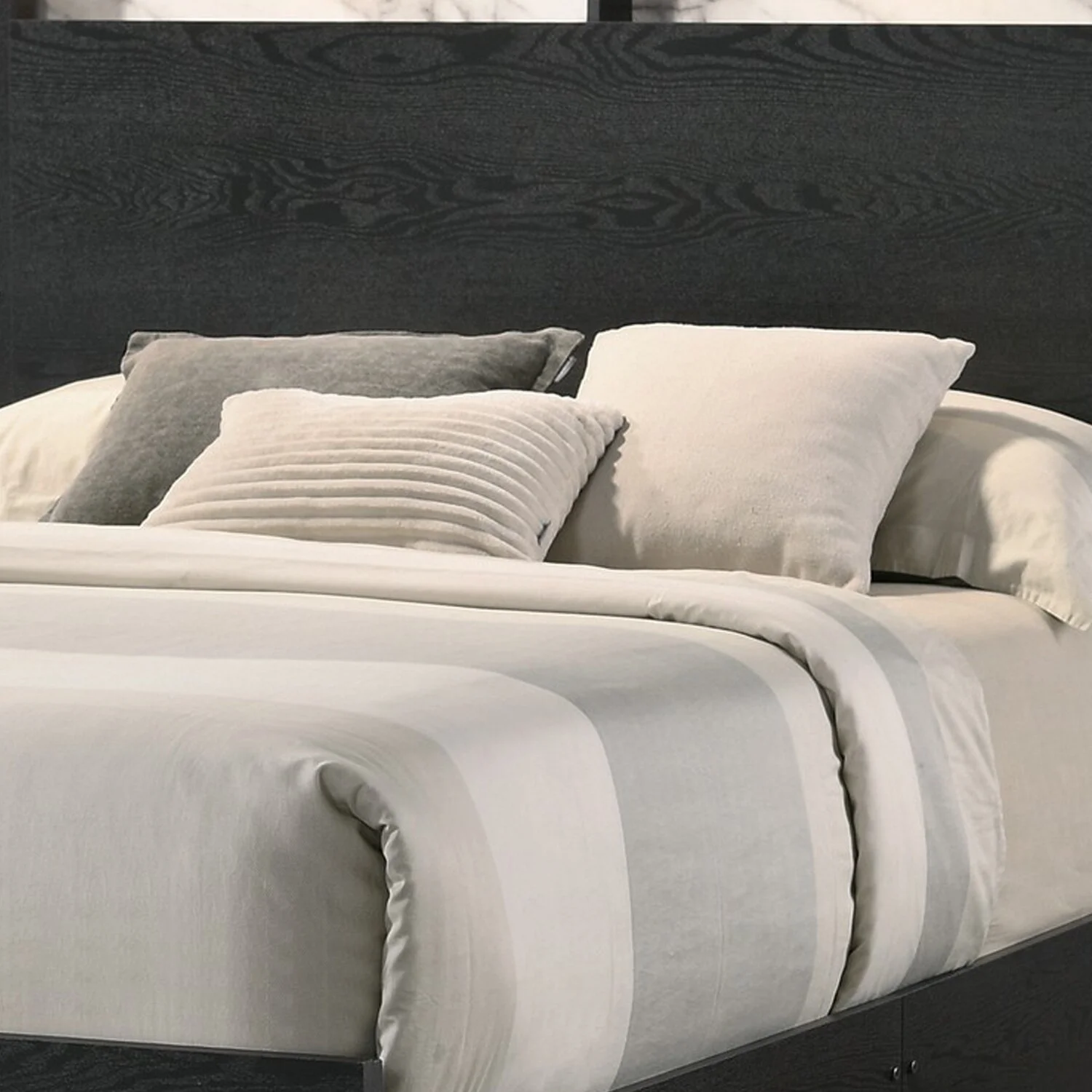 Benjara Yoh Queen Size Bed, Wood, Headboard with Lights and Shelves, Black