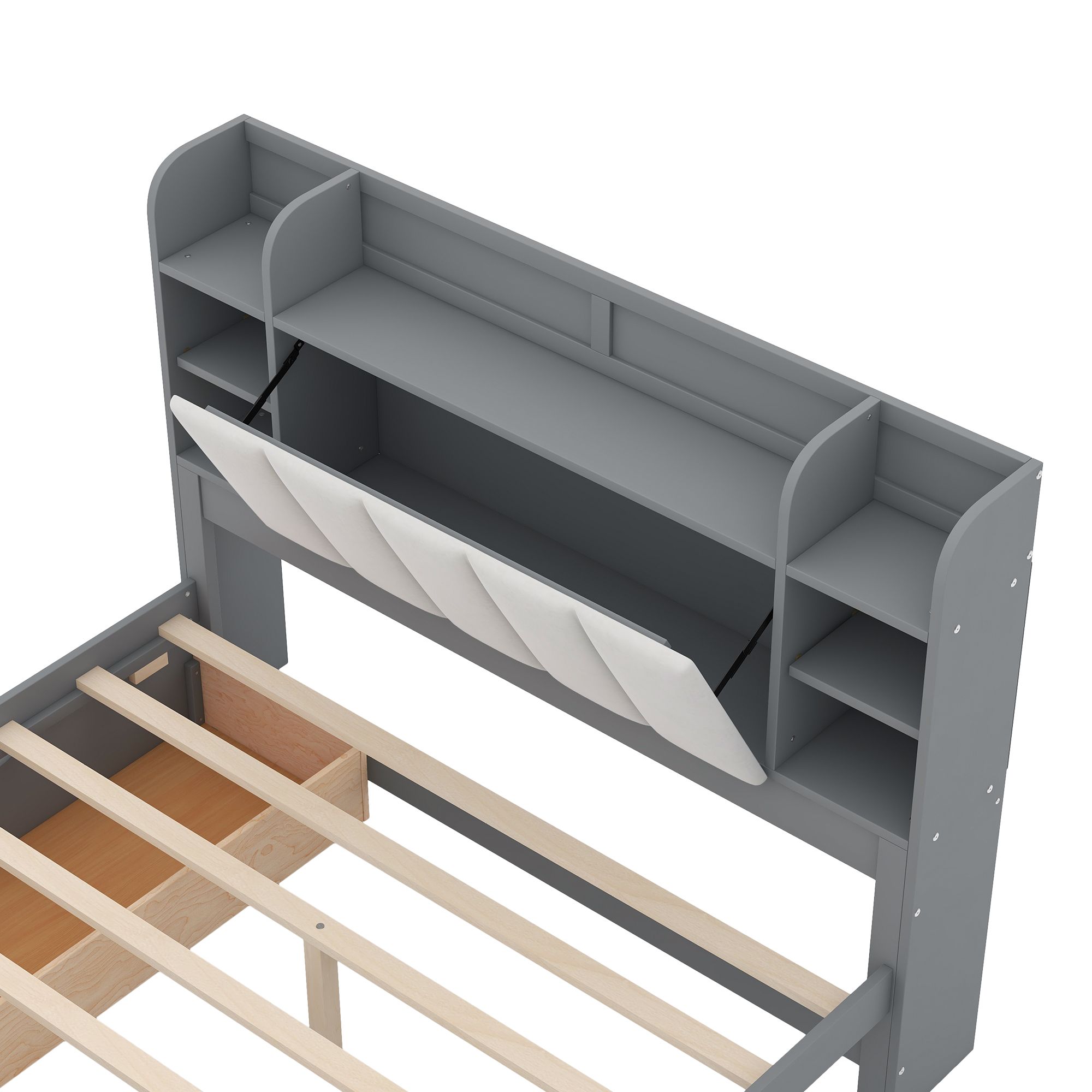 Queen Size Solid Wood Bed Frame with Storage Headboard, Shelves and 2 Drawers, Platform Bed Frame, Mid Century Bedframe, Wood Foundation(Gray, Queen)