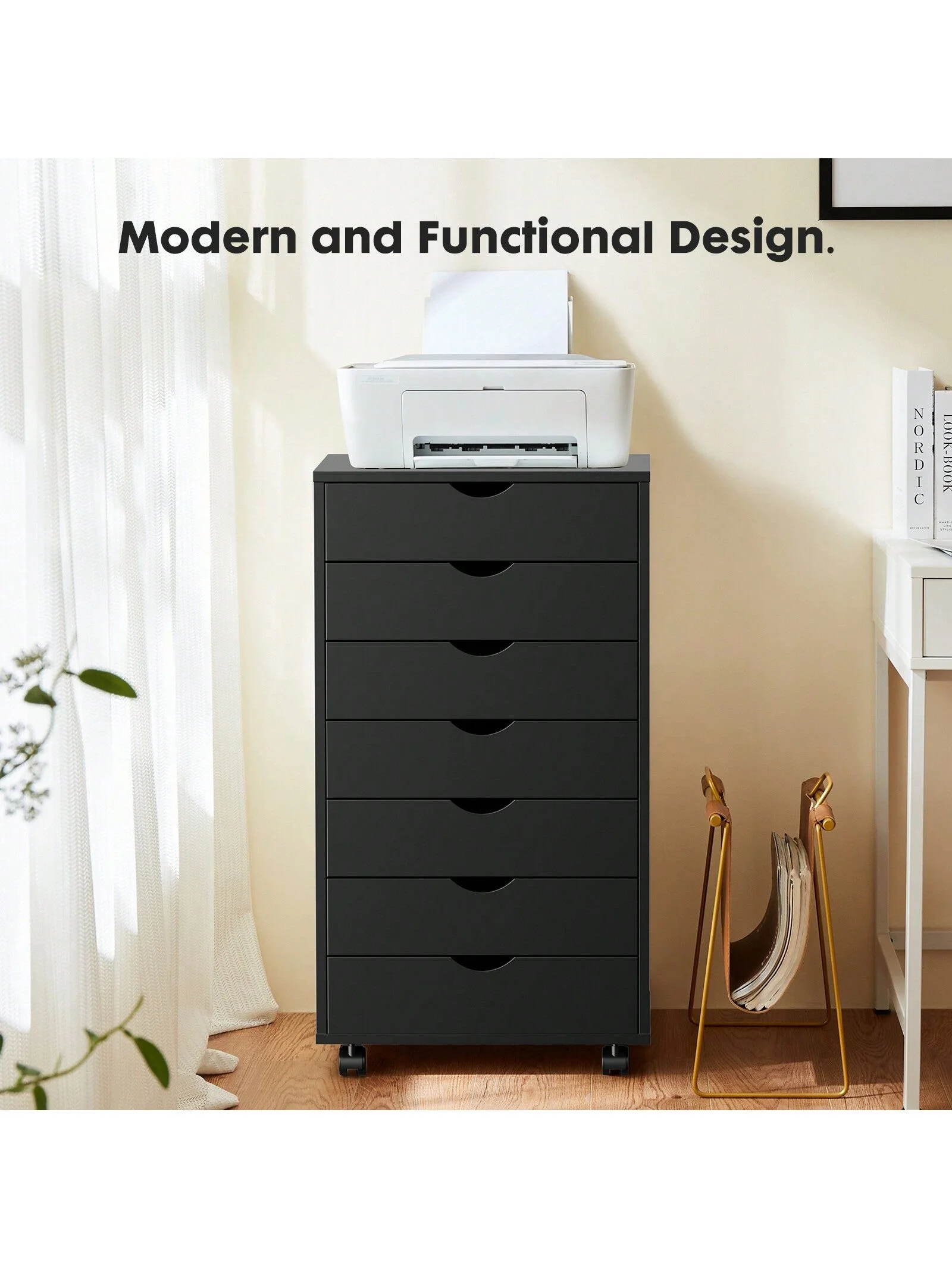 Elegant 7-Drawer Chest - Mobile Storage Cabinet with Wheels, Wooden Dresser Cabinet for Office Organization