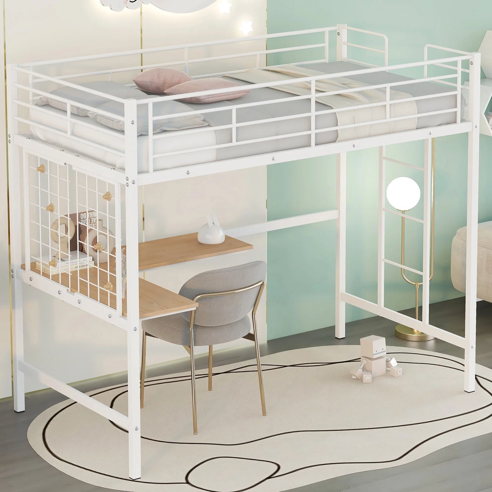 HSUNNS Twin Size Loft Bed with Desk and Metal Grid for Kids Teens Adult, Metal Bed Frame with Build-in Ladder and Full-Length Guardrail, Noise Free, Space Saving, No Box Spring Needed, White