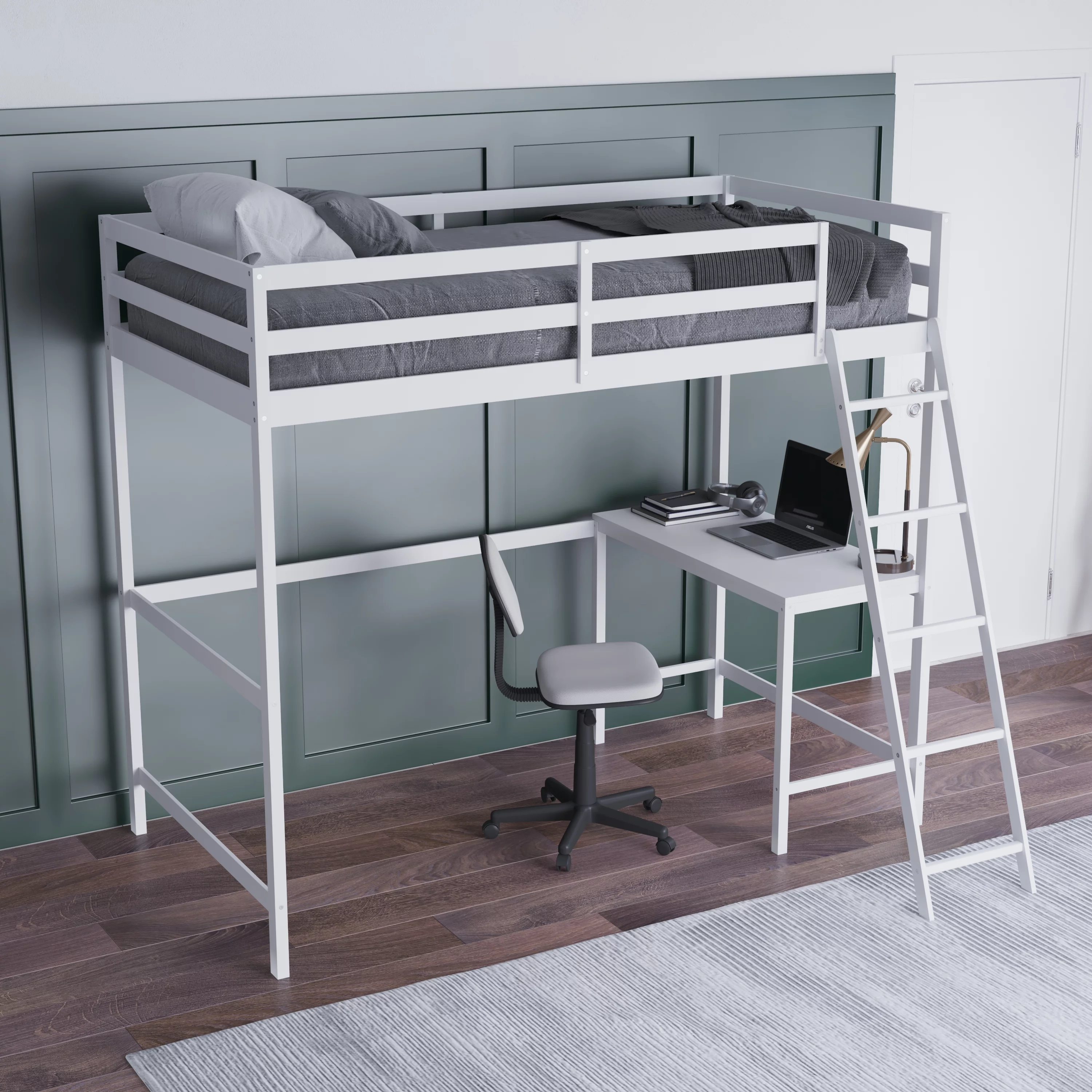 Emma + Oliver Full Wood Loft Bed Frame with Protective Guardrails and Integrated Desk and Ladder in White for Use with Any 6-8