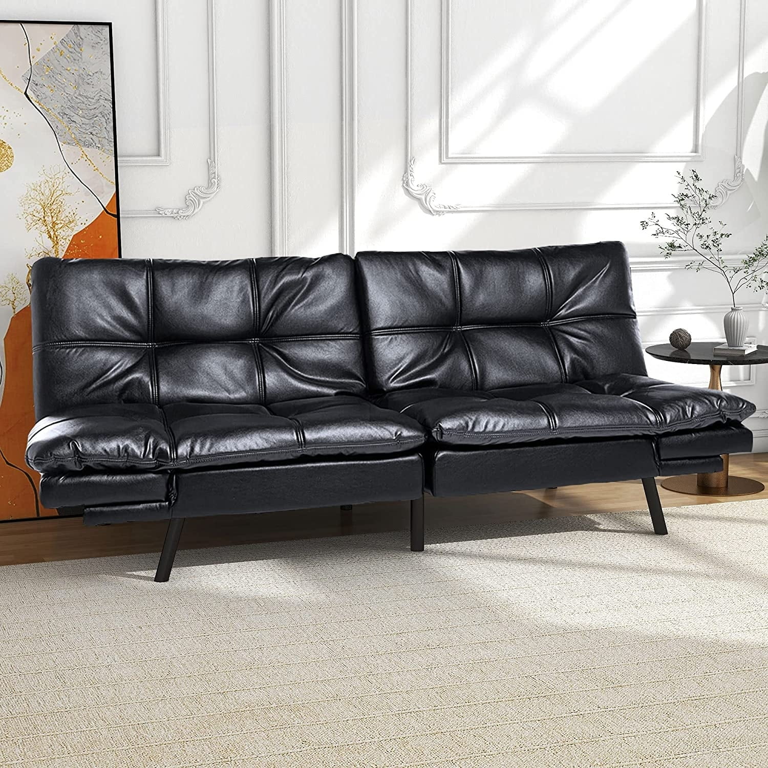 Futon Sofa Bed Modern Faux Leather Convertible Sofa Memory Foam Daybed with Adjustable Armrests for Living Room Apartment Dorm Camel Brown