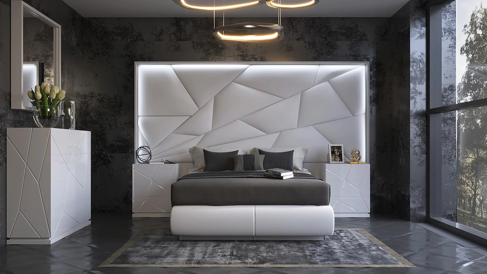 Glam Glossy White Majesty & Kiu Queen Bedroom Set 5P w/light ESF MADE IN SPAIN