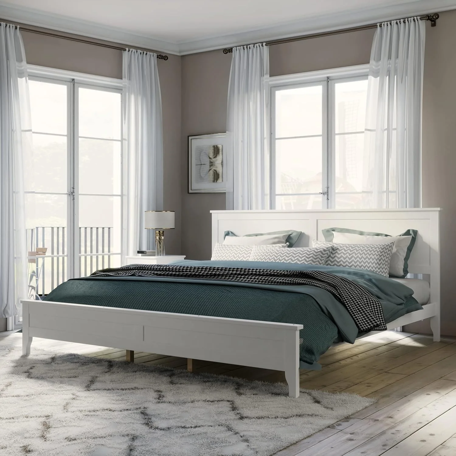 White Kig Platform Bed With Headboard, Moder Woode Kig Bed Frame With Slat Support, Kig Size Beds For Kids Tees Adults, o Box Sprig eed, White