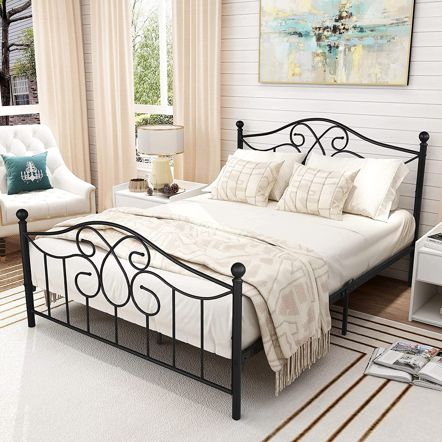Metal Bed Frame Queen Size Platform with Headboard and Footboard No Box Spring Needed Black