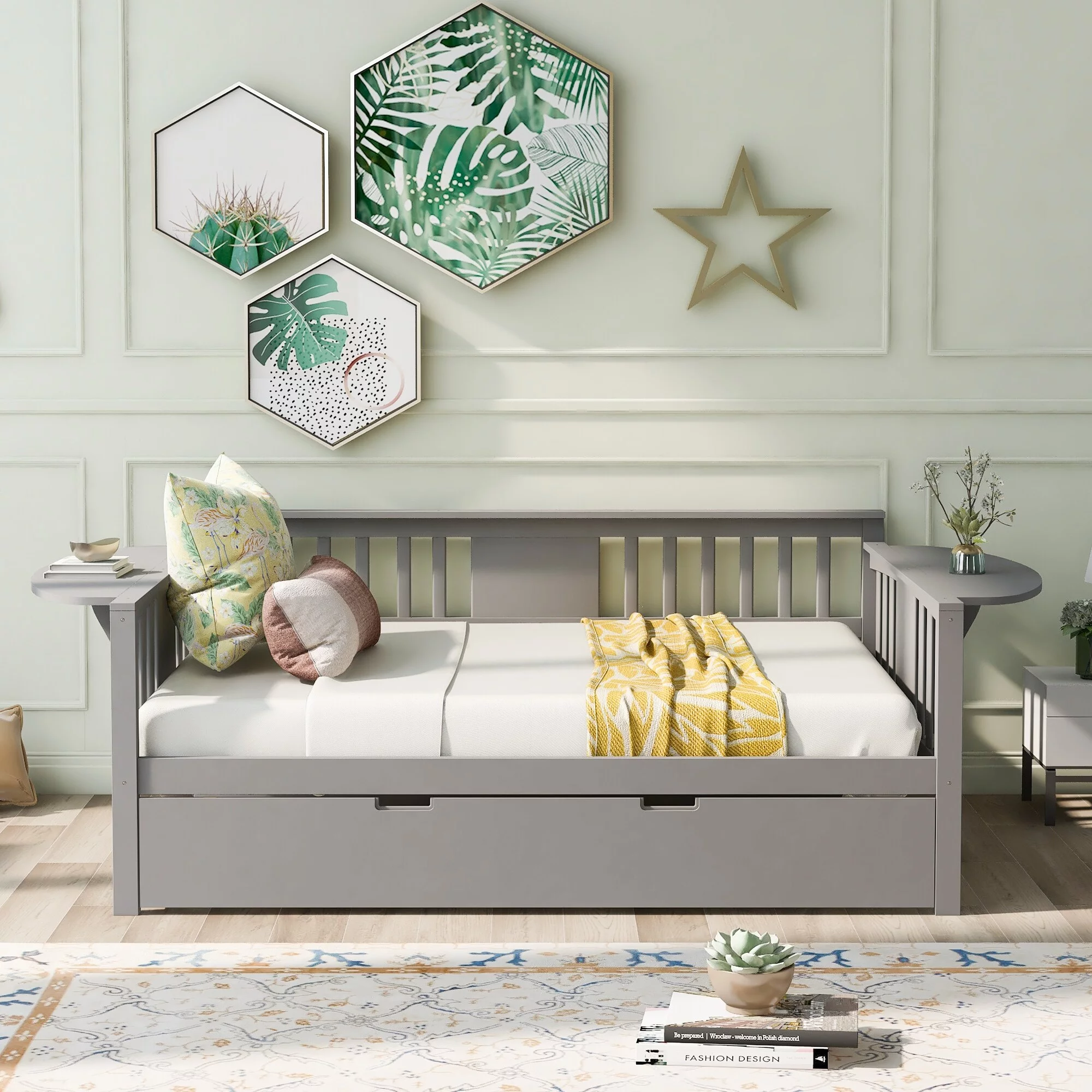 Dual-use Full Sofabed Daybed with 1 Twin Trundle, Rails and 2 Extra Connected Small Coffee Table Shelf, Grey