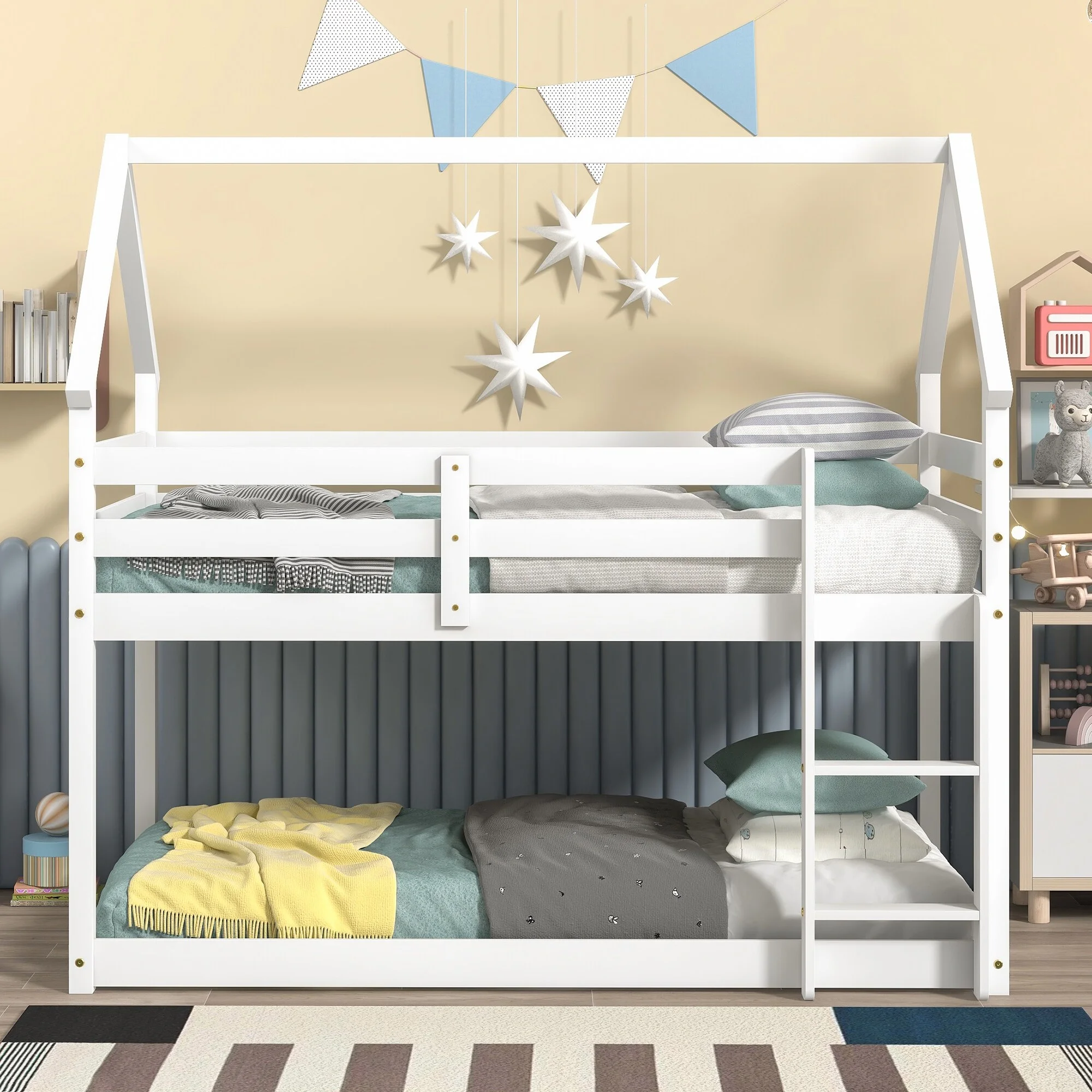 Nestfair  Twin over Twin Wooden Loft Bed with Roof and Ladder Grey