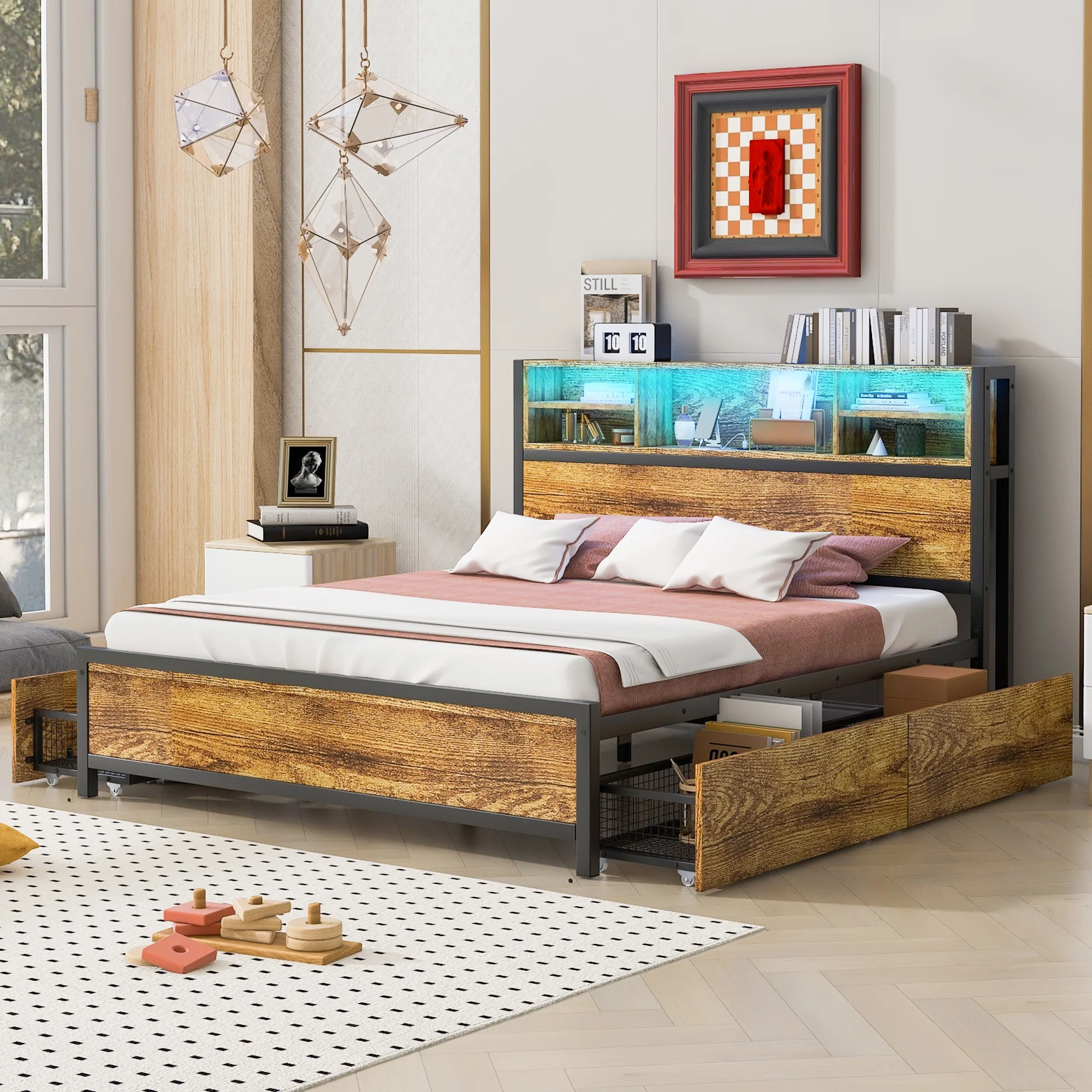 Euroco Wood Metal Queen Size Platform Bed with 2-Tier Functional Headboard, LED Light and 4 Storage Drawers, Charging Station and USB Ports, Black