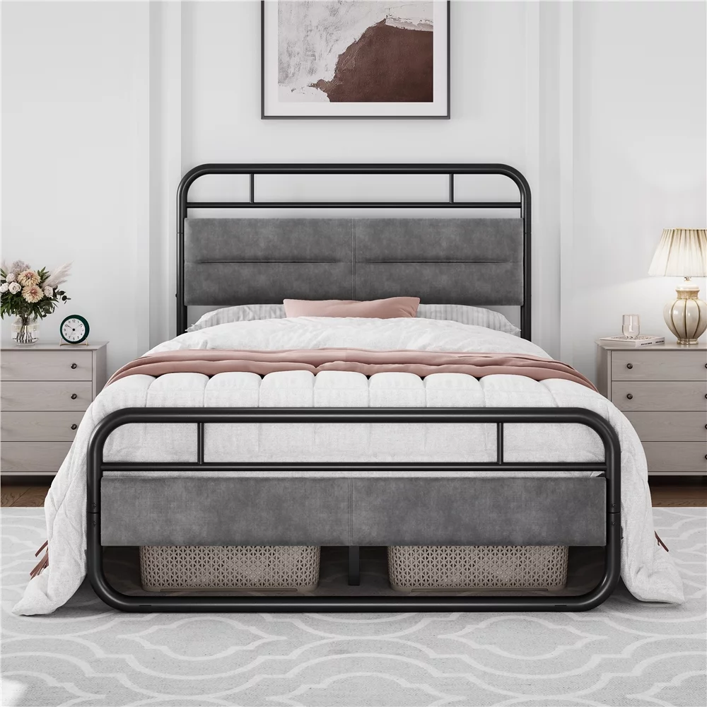 SMILE MART Full Size Metal Platform Bed with Velvet Upholstered Headboard，Dark Gray