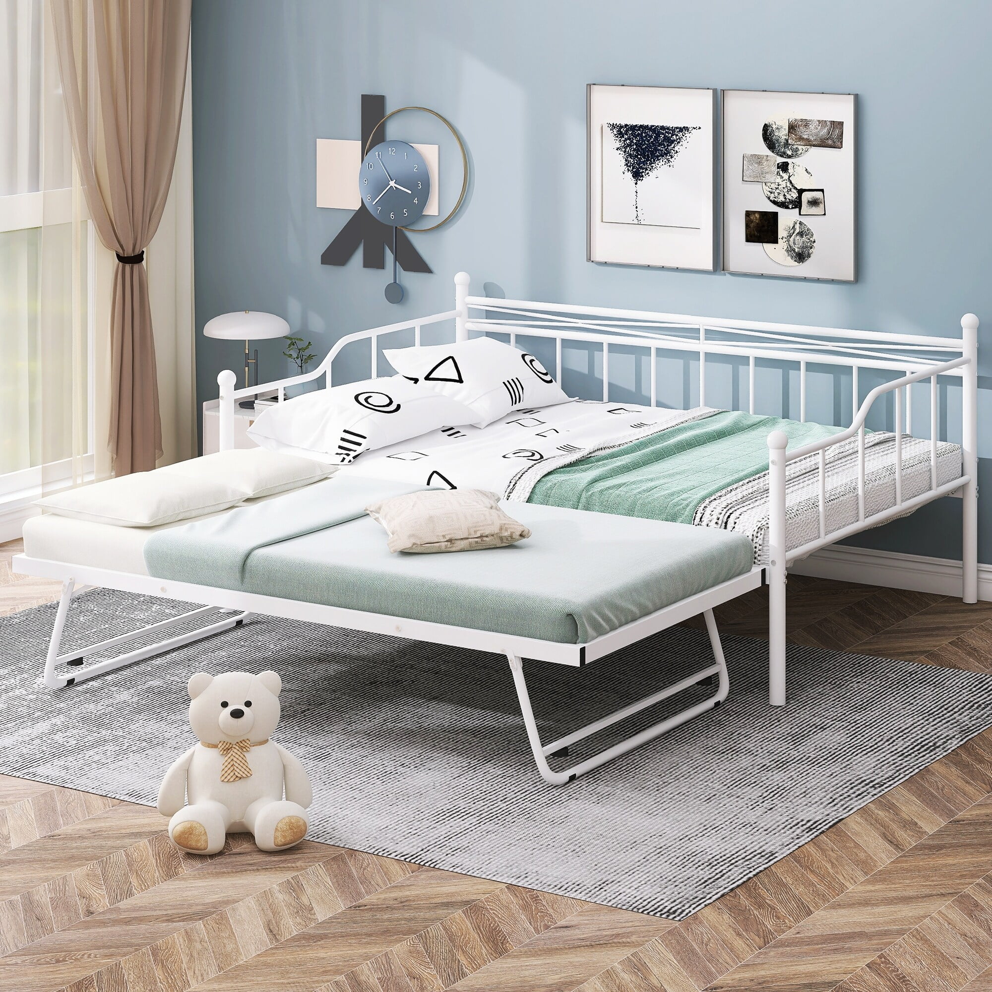 Nestfair Full Size Metal Daybed with Twin Size Adjustable Trundle Black