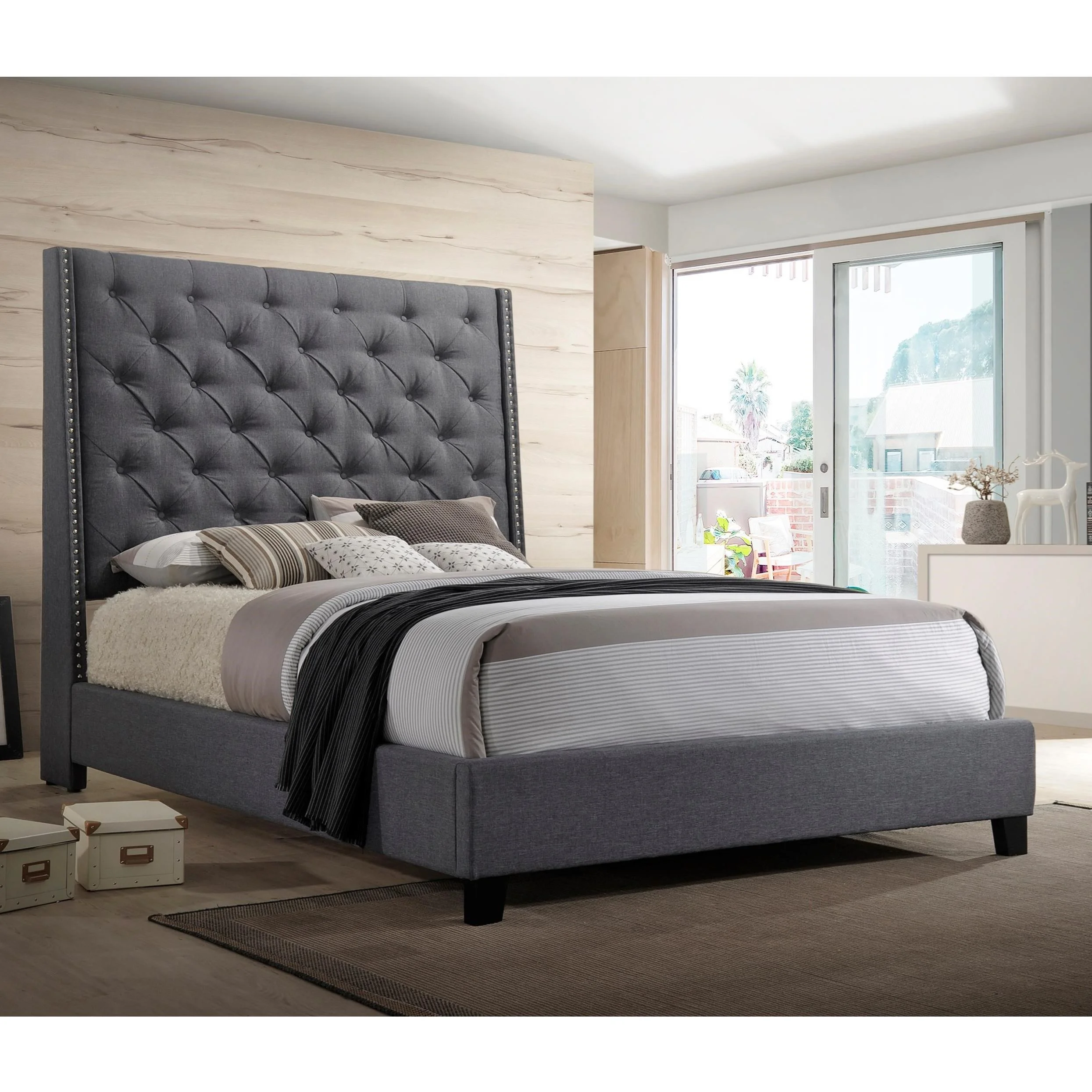 1Pc Grey Color Elegant Contemporary Upholstered King Bed Button Tufted Headboard Demi-Wings Bedroom Furniture