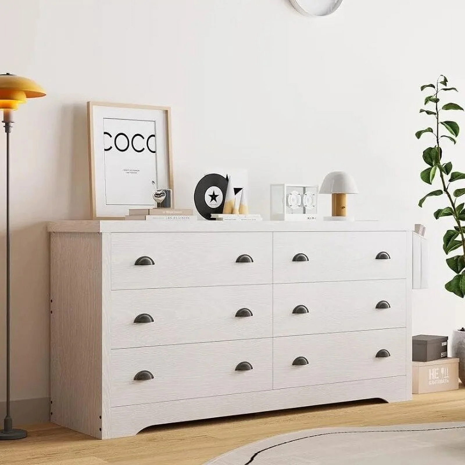 Dresser for Bedroom 6 Drawer with Charging Station, TV Stand Storage Chest of Drawers for Living Room Kitchen Cabinets Muebles