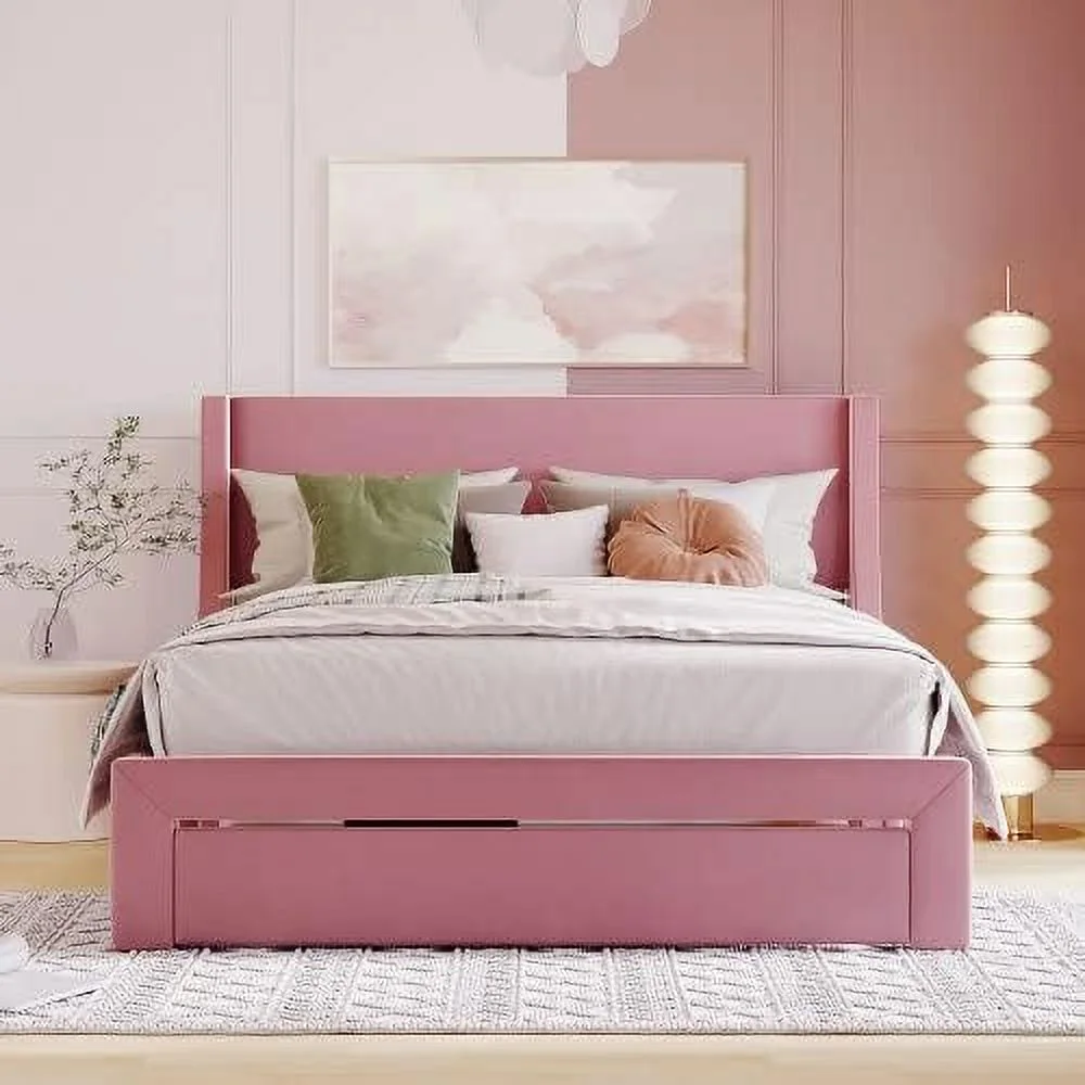 Queen Size Storage Bed Frame Velvet Upholstered Platform Bed with a Big Drawer, Upholstered Bed Frame with Strong Wooden Slats, No Box Spring Needed, Easy Assembly