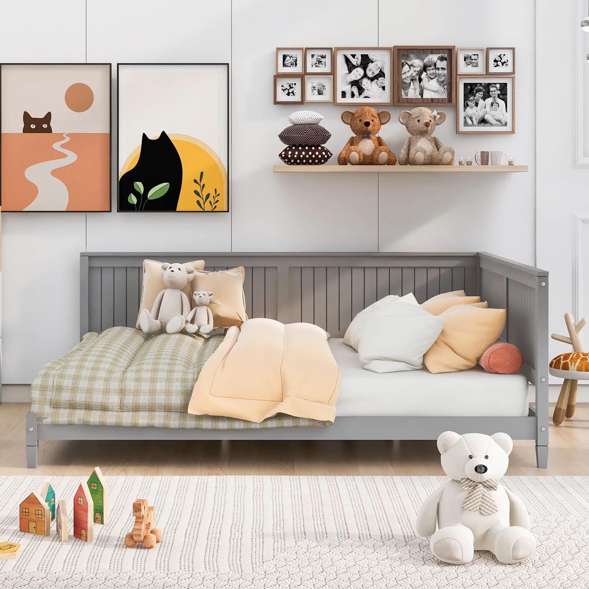 Bellemave Wood Full Size Daybed Frame, Low Full Bed with Headboard and Sideboard, Minimalist Floor Sofa Bed Frame for Kids Room Bedroom Living Room (Gray)