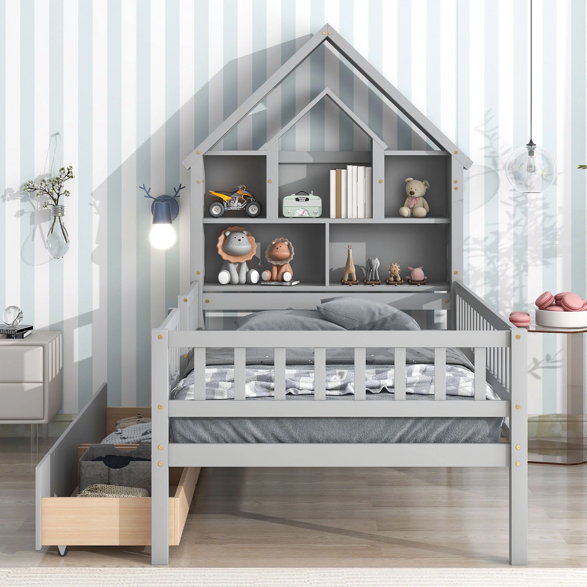 LYPER Twin Size House-Shaped Headboard Bed with Fence Guardrails and Drawers ,Gray