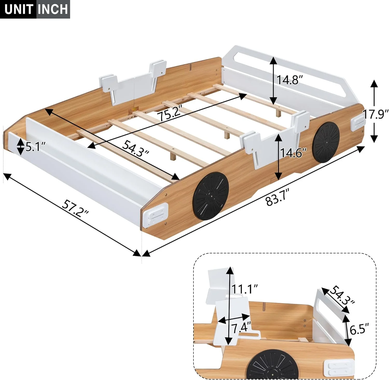 Full Size Racig Car Bed Wih Sorage Shelves & Door Desig, Wood Full Size Bed For Kids, Car-Shaped Plaform Full Bed Wih Wheels For Kids, Boys & Girls (aural+Whie+Black)