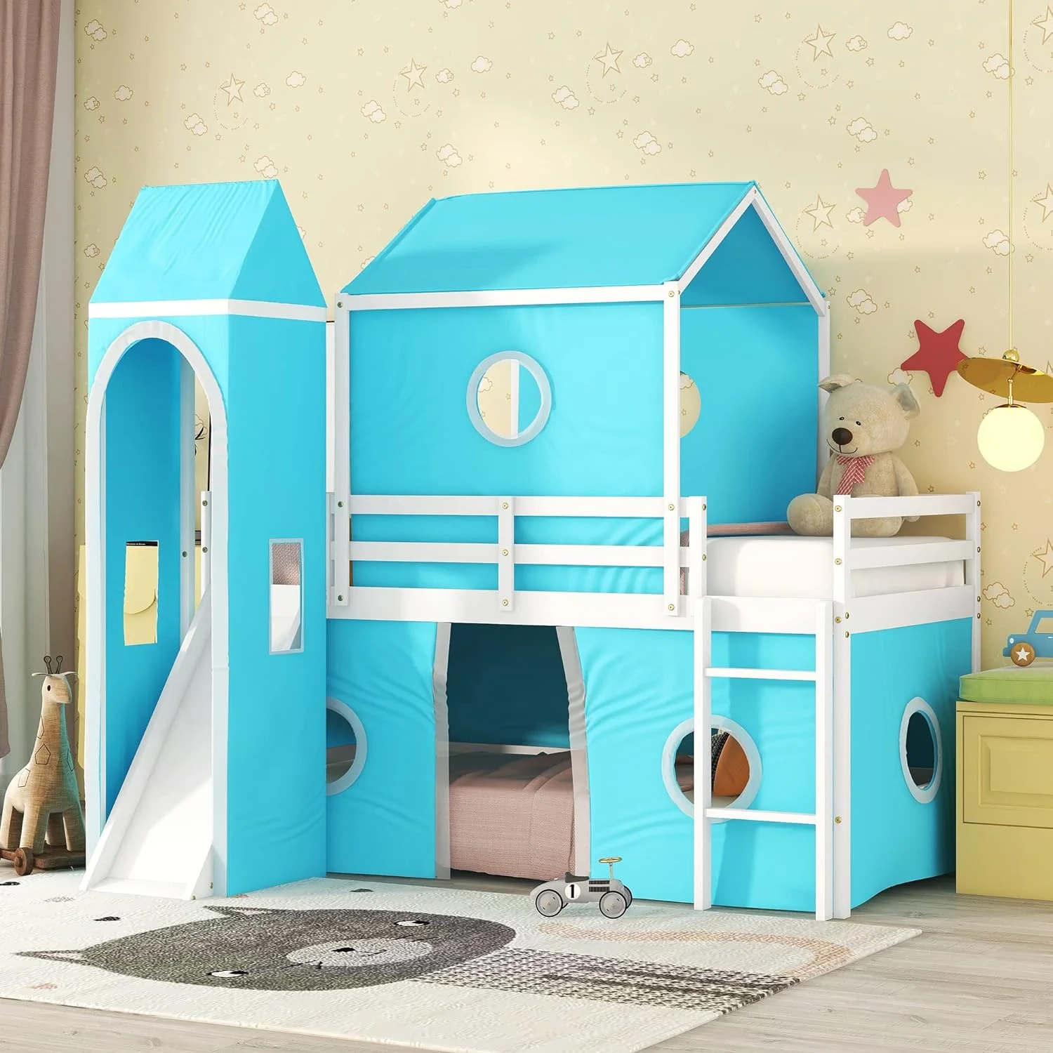 Low Loft Bed With Slide And Curtains Over Floor Bunk Bed With House Shape Tent And Tower, Wood Castle Loft Beds For Kids Boys Girls, Blue