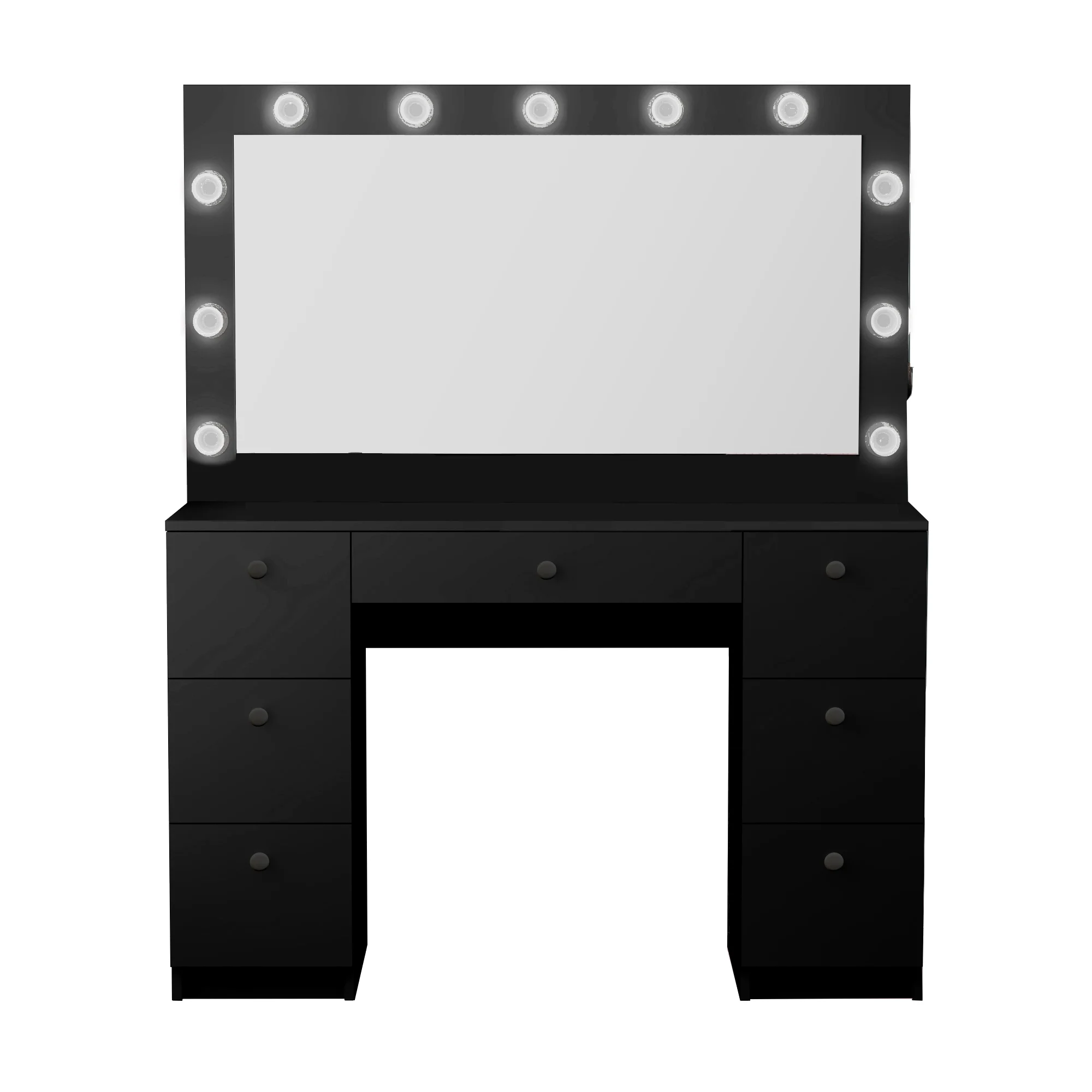 Boahaus Freya Modern Bedroom Vanity Table with Light Bulbs, 07 Drawers, Large Standing Mirror, Black