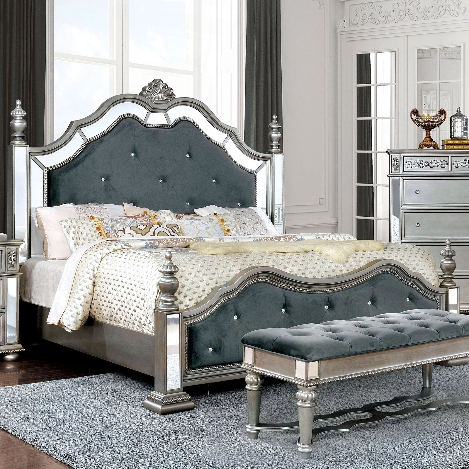 California King Size Bed Mirror Trim Tufted Padded HB FB Gray Fabric Silver Bed Frame Formal Bedroom Furniture