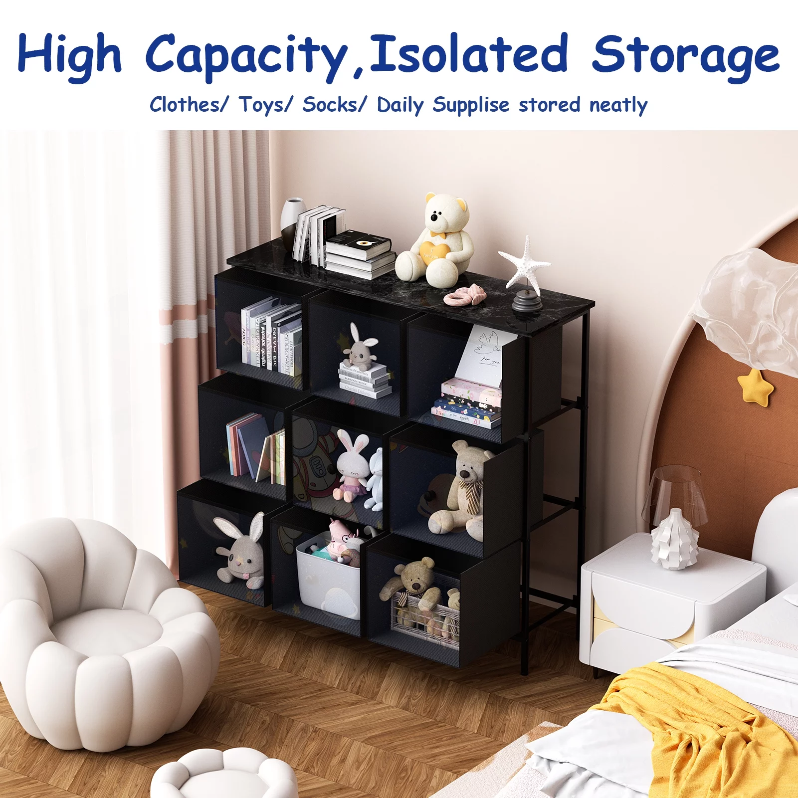 YILQQPER 9 Drawers Storage Dresser, Wide Baby Dresser Storage Tower with Sturdy Steel Frame, 9 Drawers of Easy-Pull Fabric Bins, Organizer Unit for Kid Bedroom, Living Room