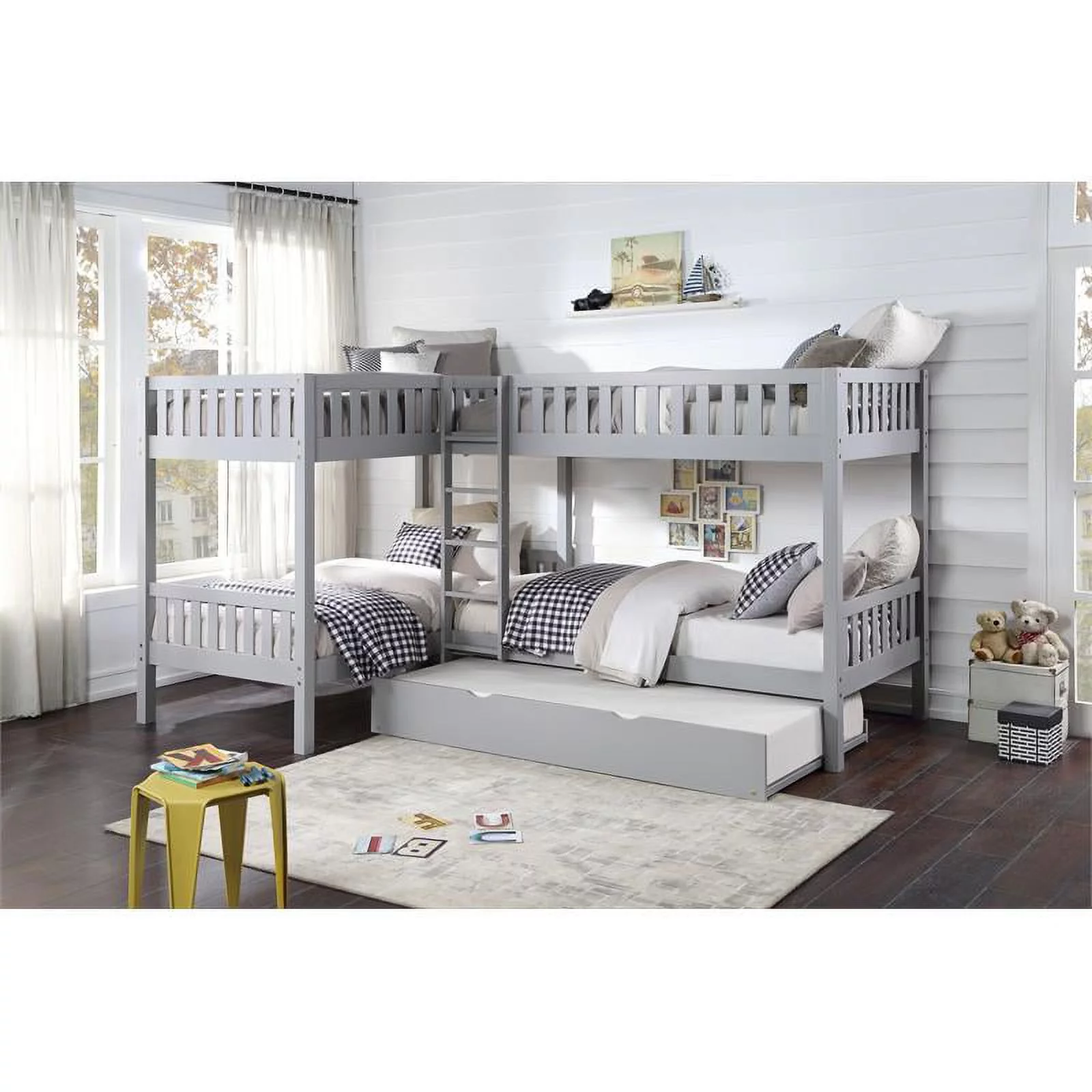 Lexicon Orion Transitional Wood Corner Bunk Bed with Twin Trundle in Gray