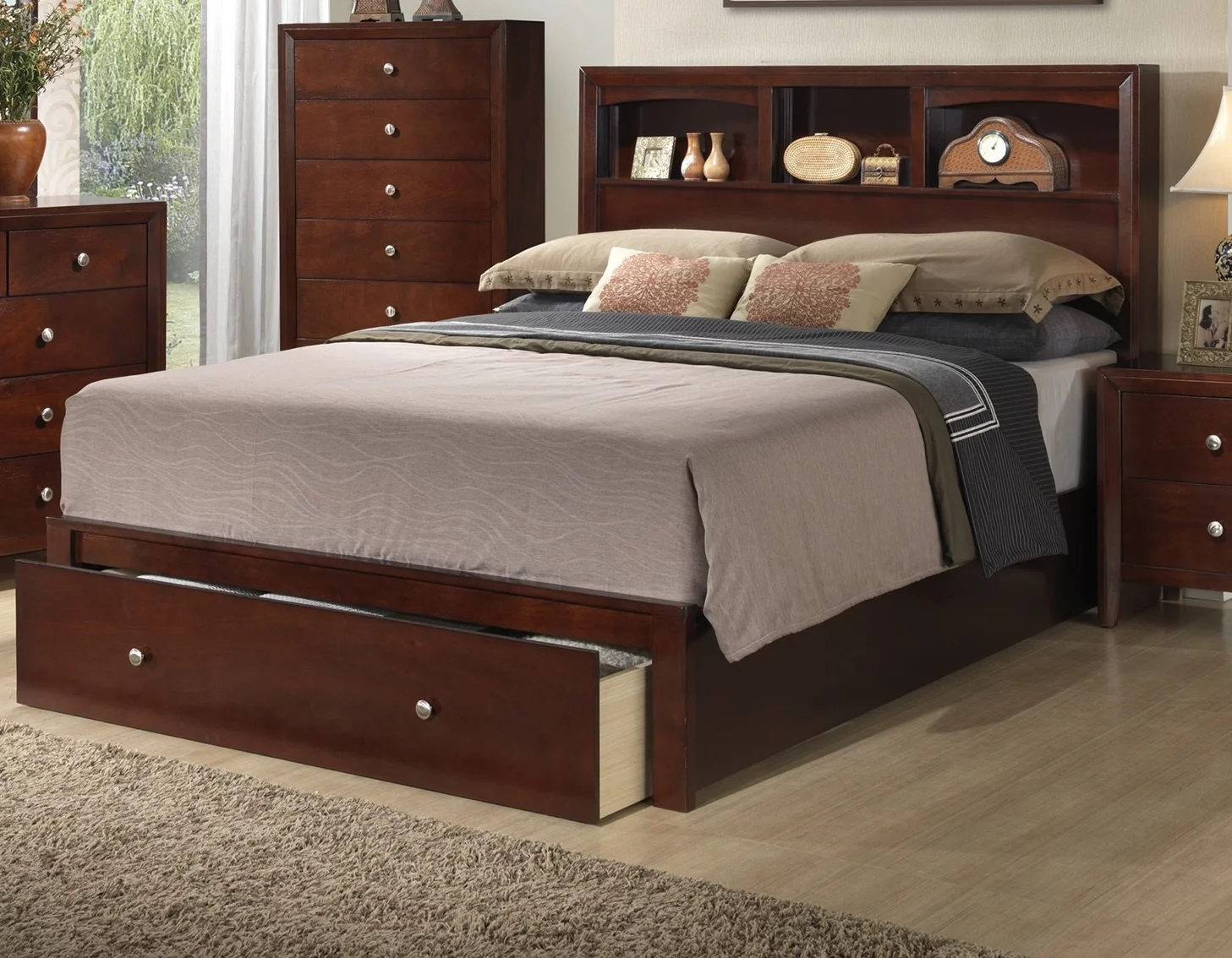 Bedroom Furniture 1pc Queen Size Bed Shelves HB Under Bed Storage Drawers Cherry Veneer Modern