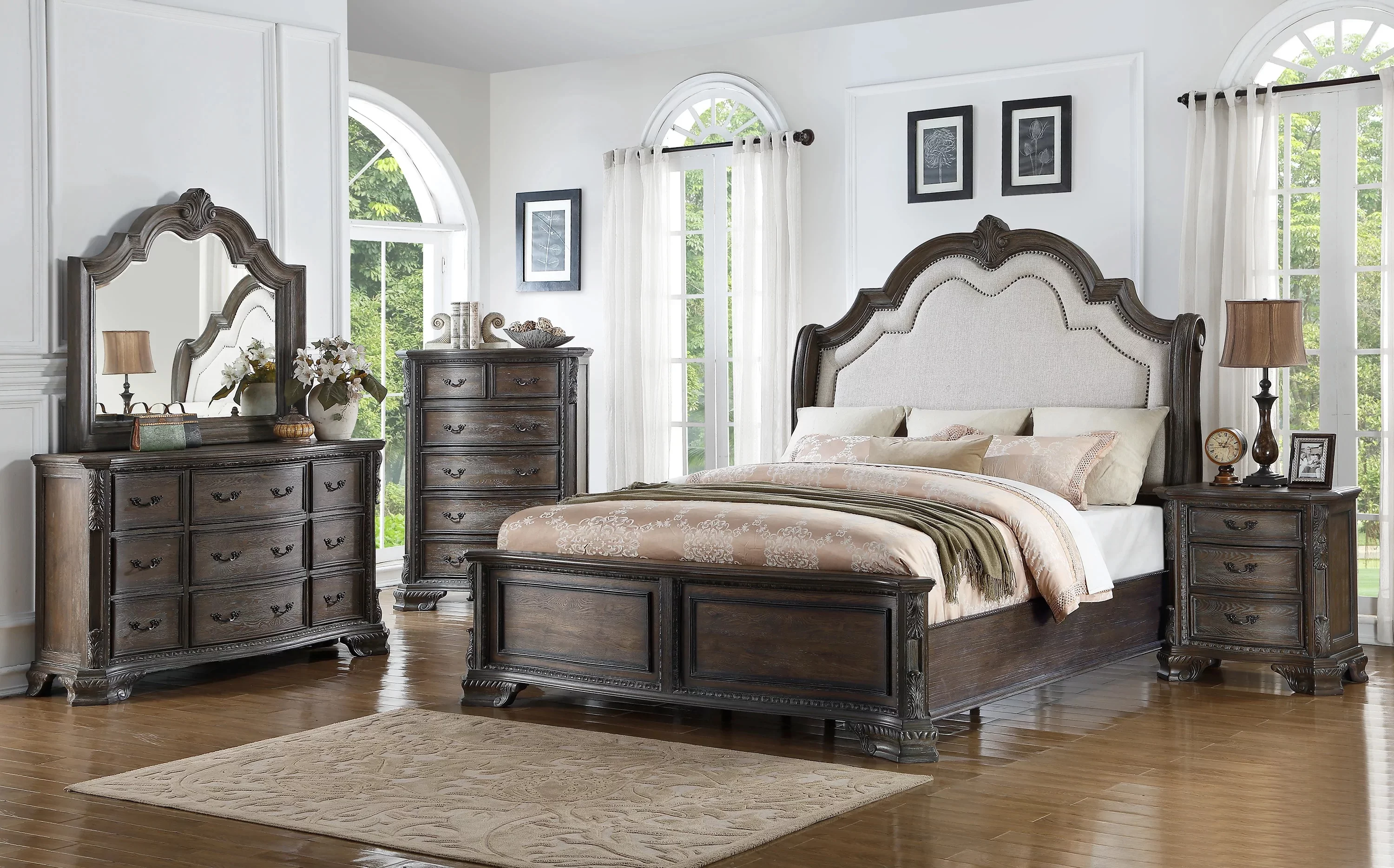 Classic Vintage Style 6Pc King Panel Bed Set Antique Gray Finish Bedroom Furniture Solid Wood