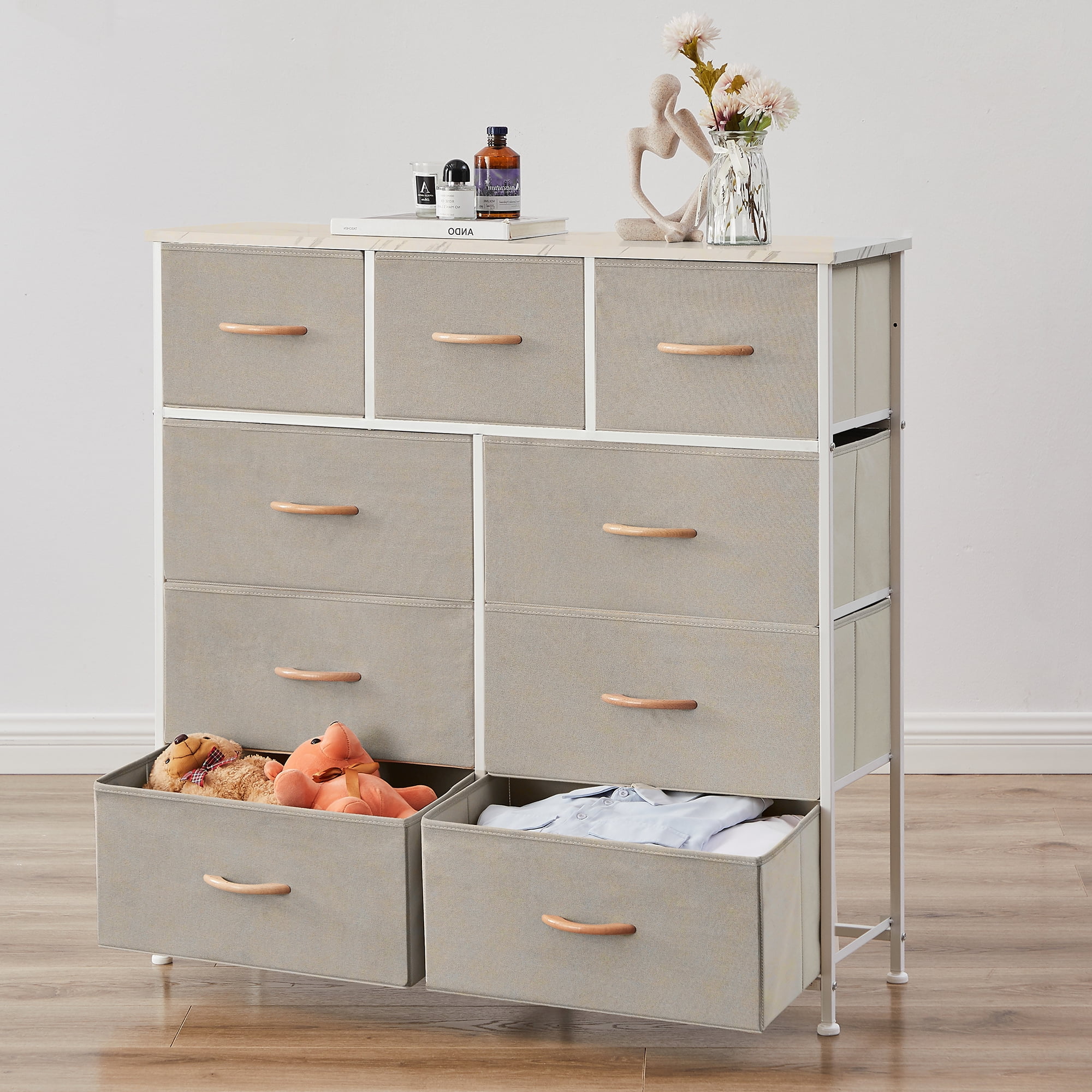 Bigroof Dresser for Bedroom, Chest of Drawers, Closet Storage with 9 Drawers, Cloth Dresser Clothes Organizers Tower with Fabric Bins, Metal Frame, Wood Tabletop for Nursery, Kids Room, Living Room