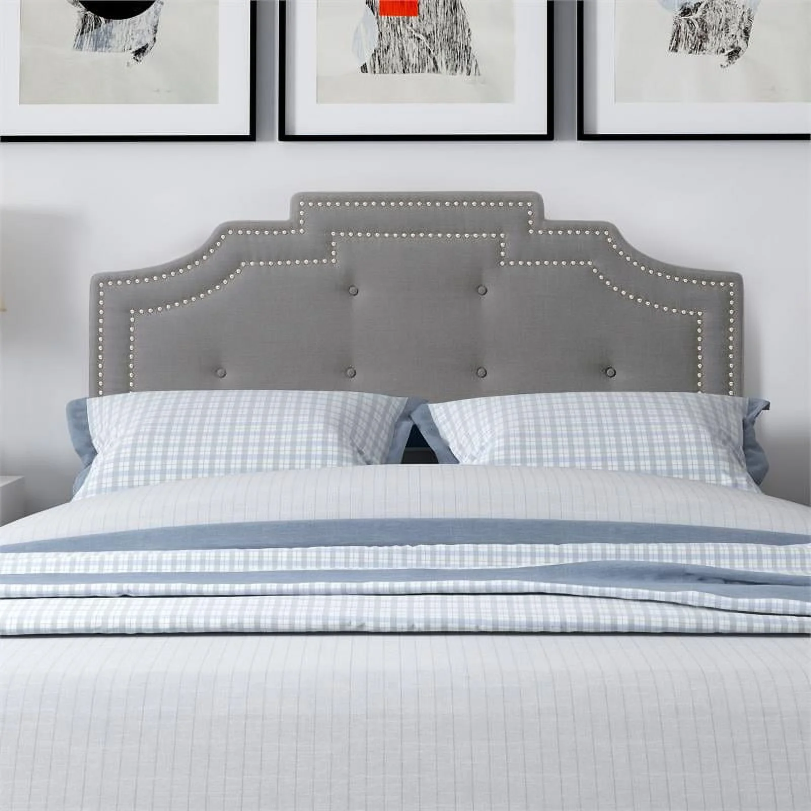 Atlin Designs Tufted Crown Silhouette Fabric Queen Headboard in Light Gray